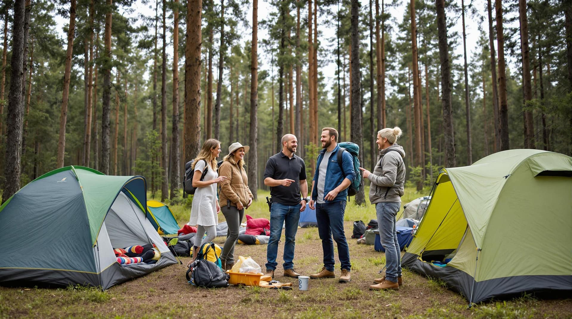 A small group of adults conversing near tents in a forest clearing, planning a camping trip with gear visible, under natural light.