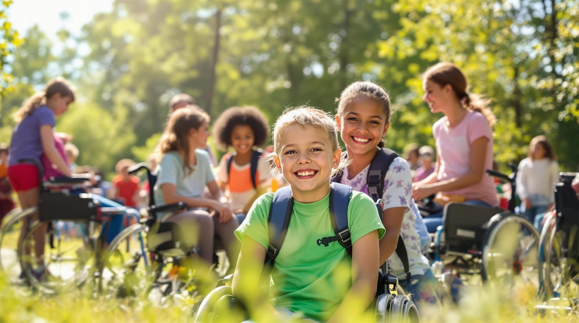 A diverse group of children, some with mobility aids, smiling and engaging in activities outdoors on a sunny day with trees and grass in the background.