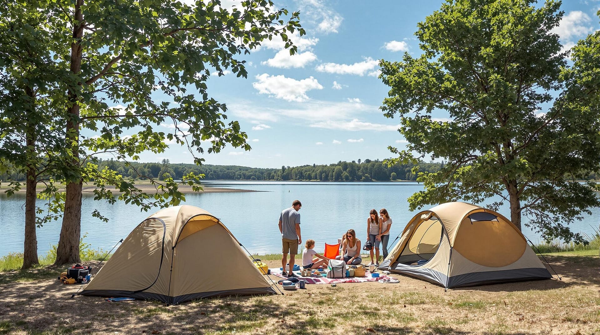 A family setting up a tent by a peaceful lakeside on a sunny day, surrounded by lush green trees and calm waters, capturing a sense of outdoor leisure and relaxation.