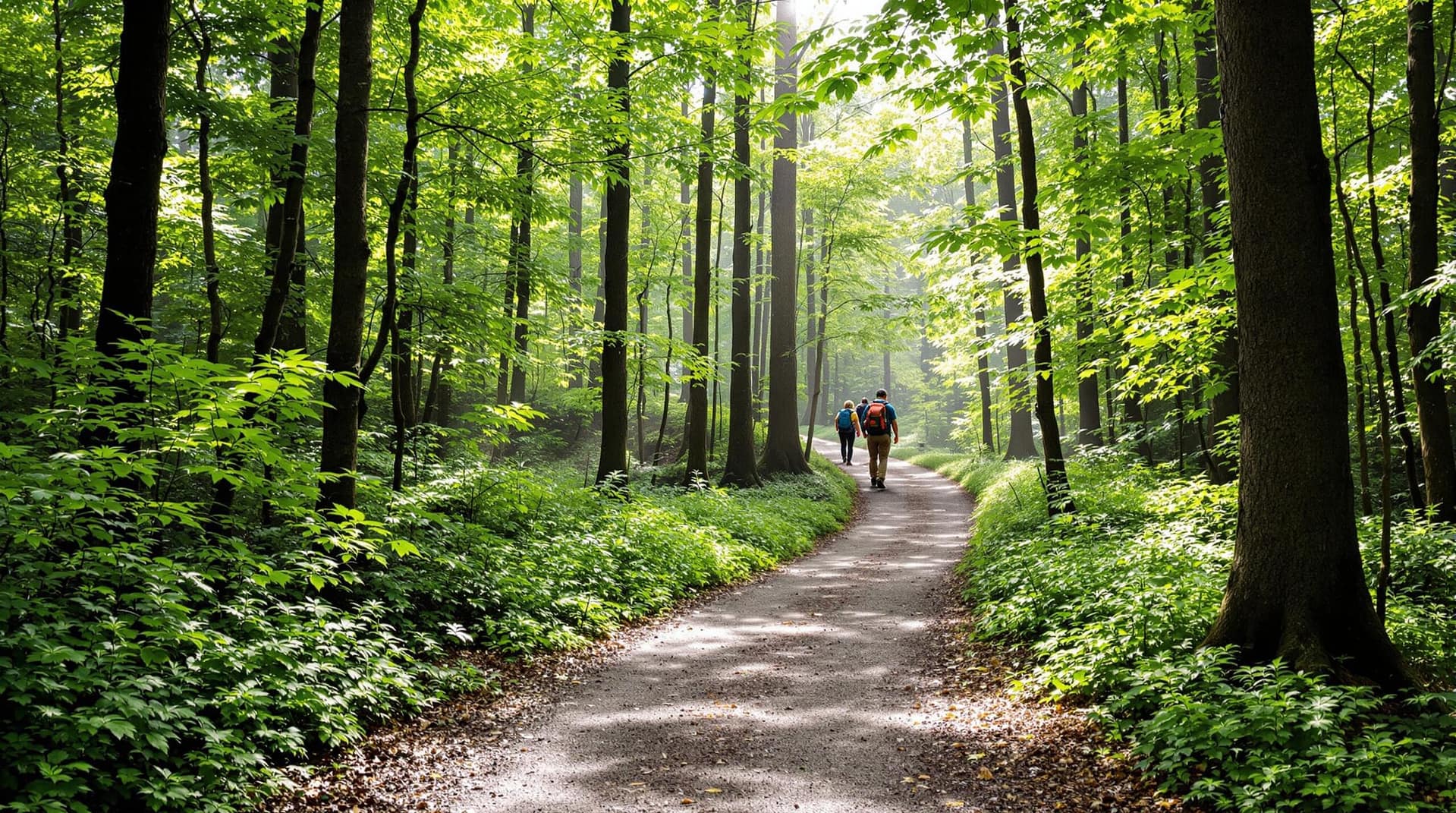 A serene forest trail with lush greenery and dappled sunlight, featuring a few hikers in outdoor attire walking along the path.