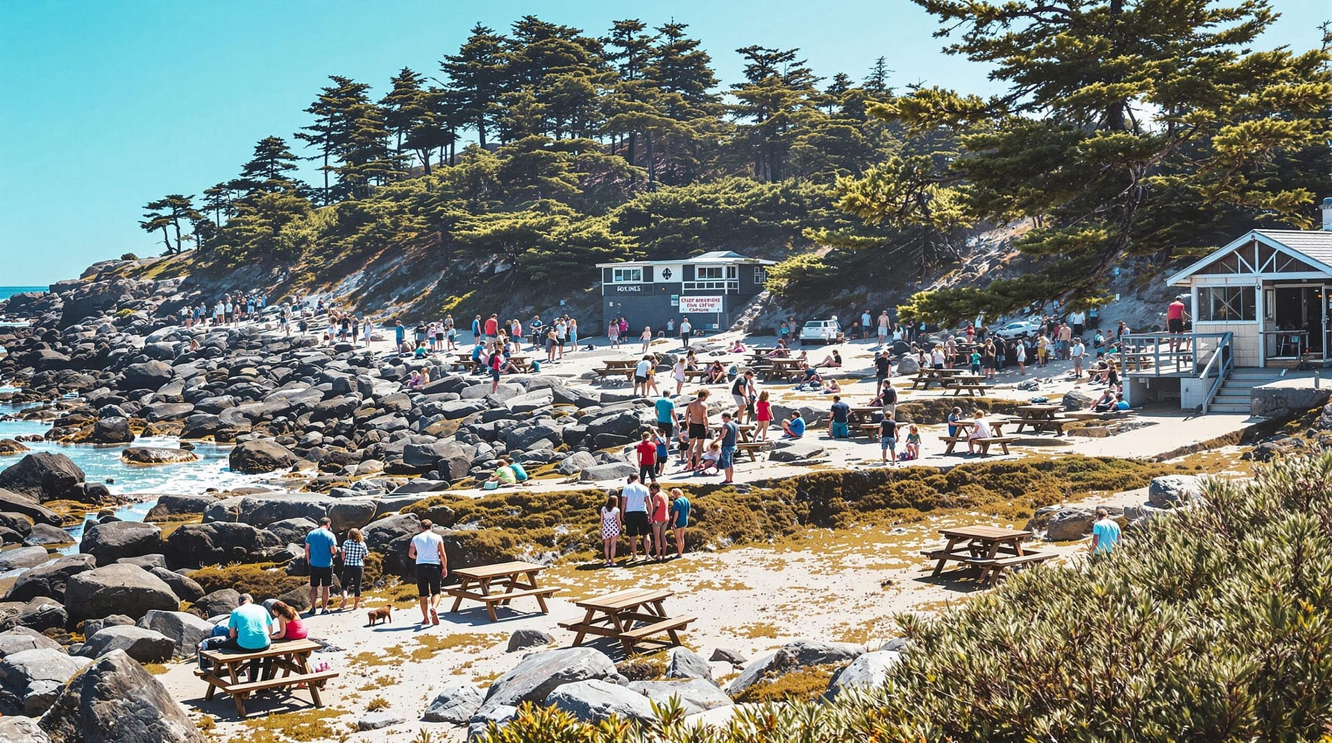 A busy coastal park scene with diverse visitors exploring a rocky shoreline and scattered picnic tables under clear daylight, highlighting the well-trodden paths and aged infrastructure amid a backdrop of evergreens.