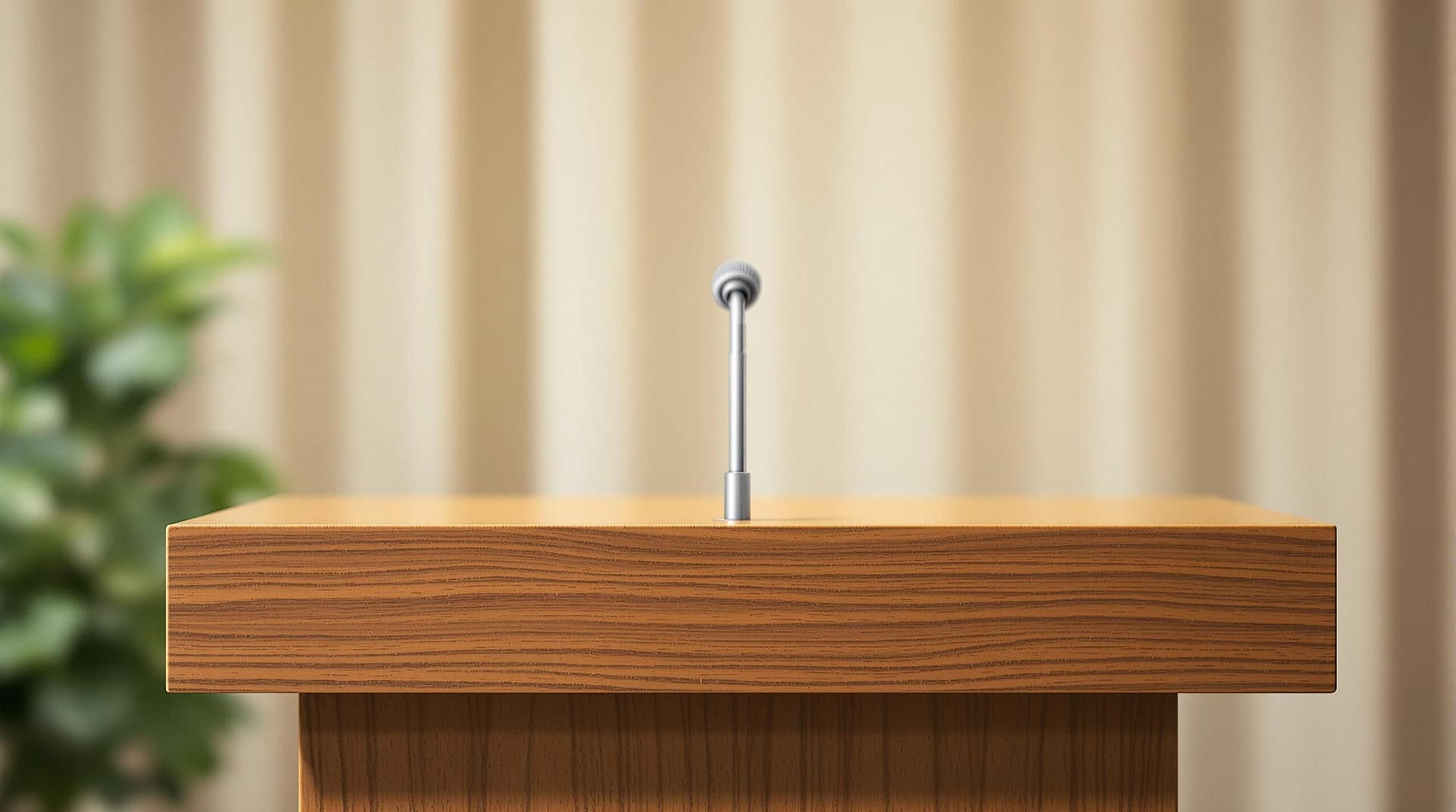 A wooden podium with a single microphone against a softly blurred neutral background, suitable for a news announcement.