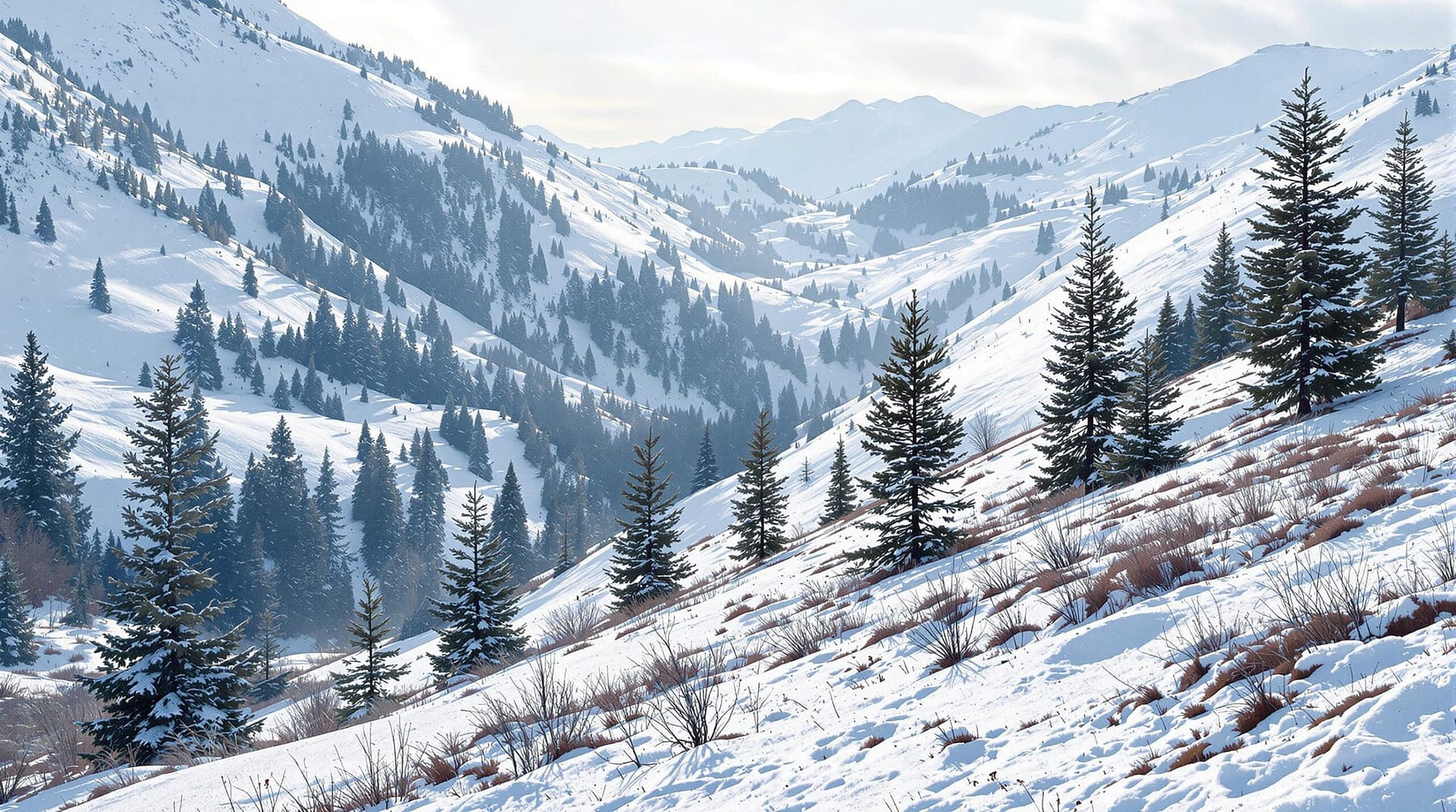 A serene mountain landscape with melting snow on a gentle slope, scattered evergreen trees, and a hint of greenery emerging, under a cloudy sky, capturing the transition from winter to spring.