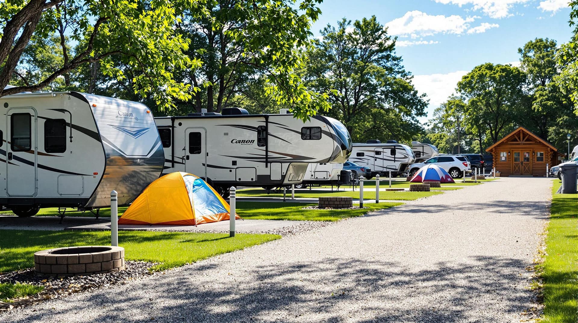 A renovated campground with RV sites, tents, and a cabin under a clear sky.