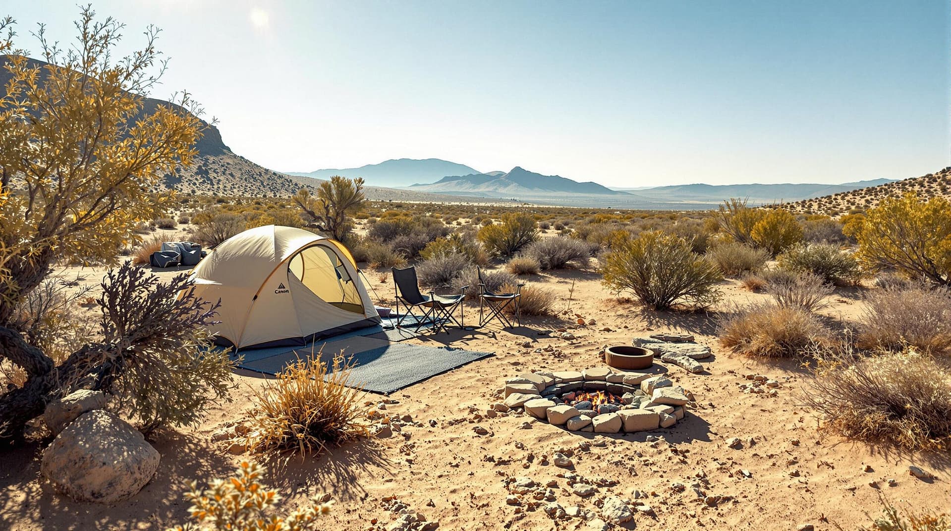 A scenic campsite in a southwestern setting with a dome tent and folding chairs near a fire ring, surrounded by sandy terrain and low vegetation under a bright sky.