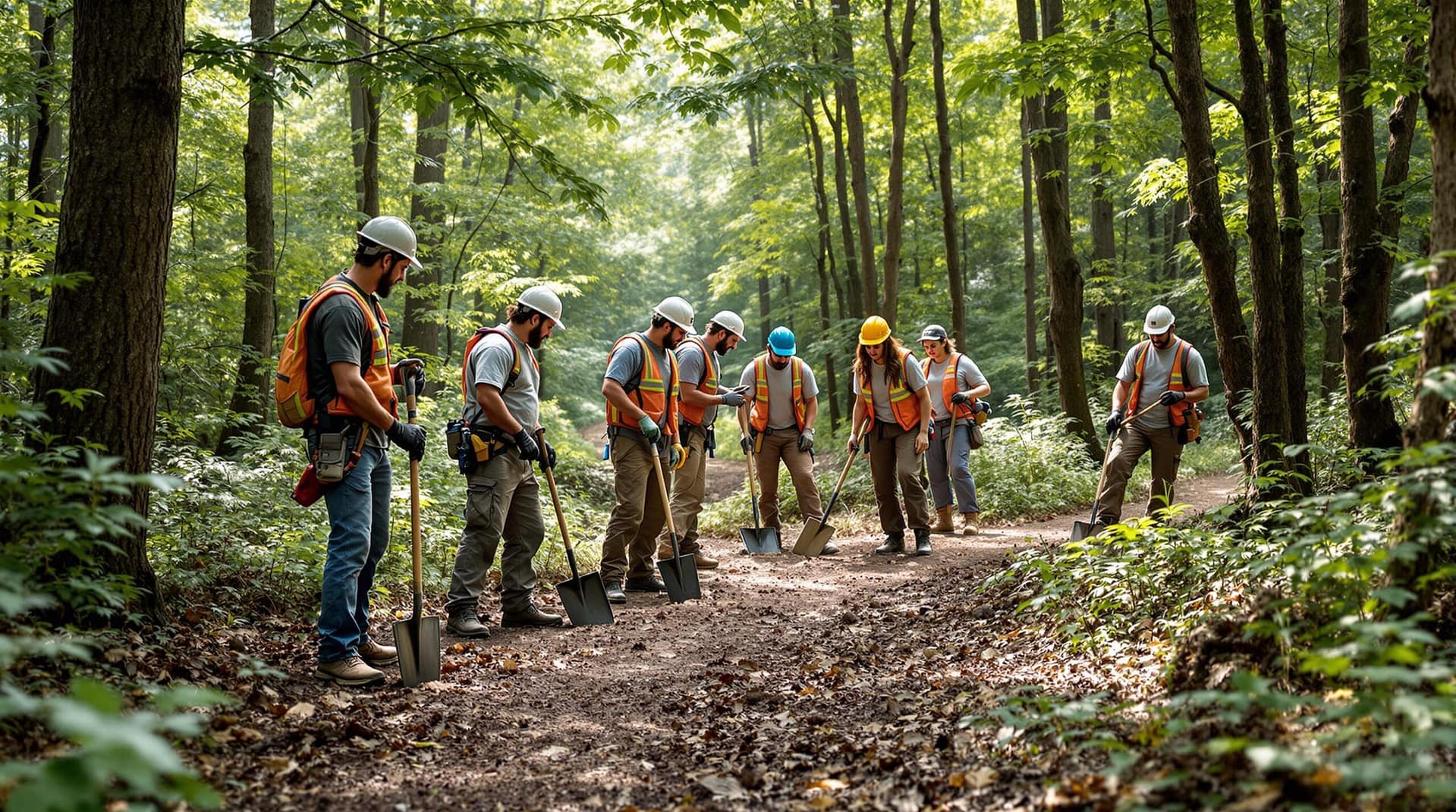A group of diverse volunteers working together on a forest trail, using shovels, clippers, and rakes for maintenance, surrounded by a lush woodland environment under soft natural light.