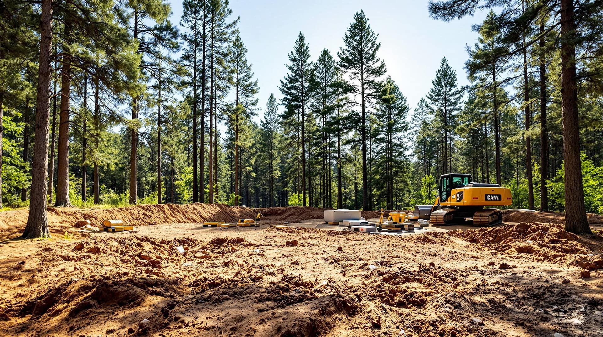 A construction site in a woodland area with a small excavator and scattered building materials, surrounded by tall pine trees under a bright midday sky.