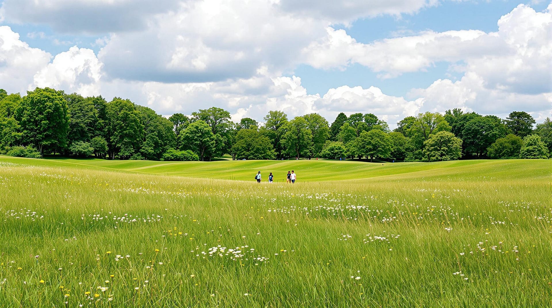 a group of people exploring a vast grassland with wildflowers under a cloudy sky, framed by distant trees