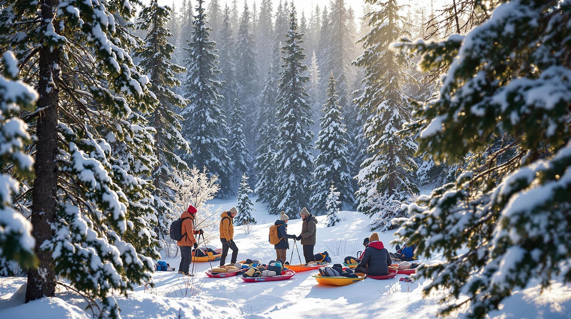 A winter forest with fresh snow, featuring people in warm jackets preparing sleds and snowshoes, surrounded by snow-dusted evergreen and deciduous trees.