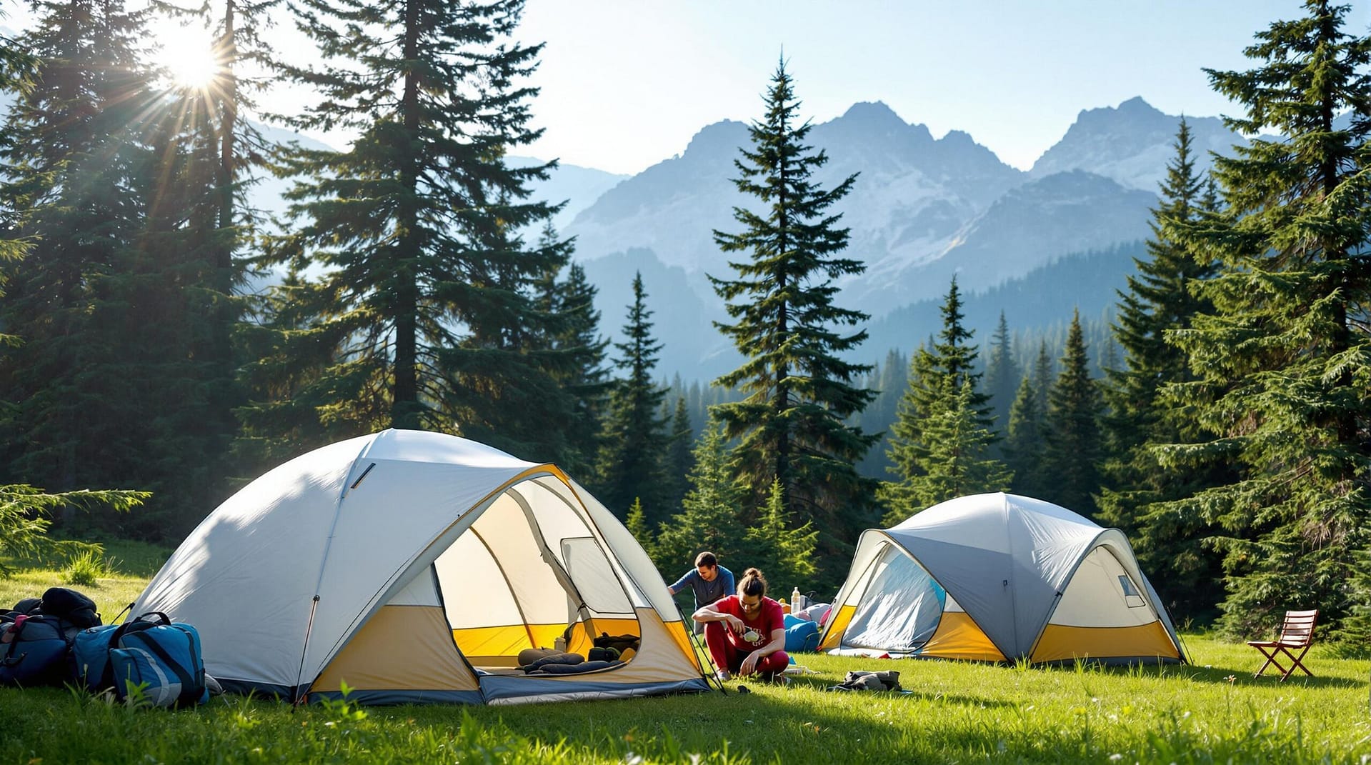 A forest campsite with dome tents set up on grassy ground surrounded by tall evergreen trees and blurred mountains in the distance. Camping gear is visible, with subtle human activity adjusting a tent, all under bright daylight.