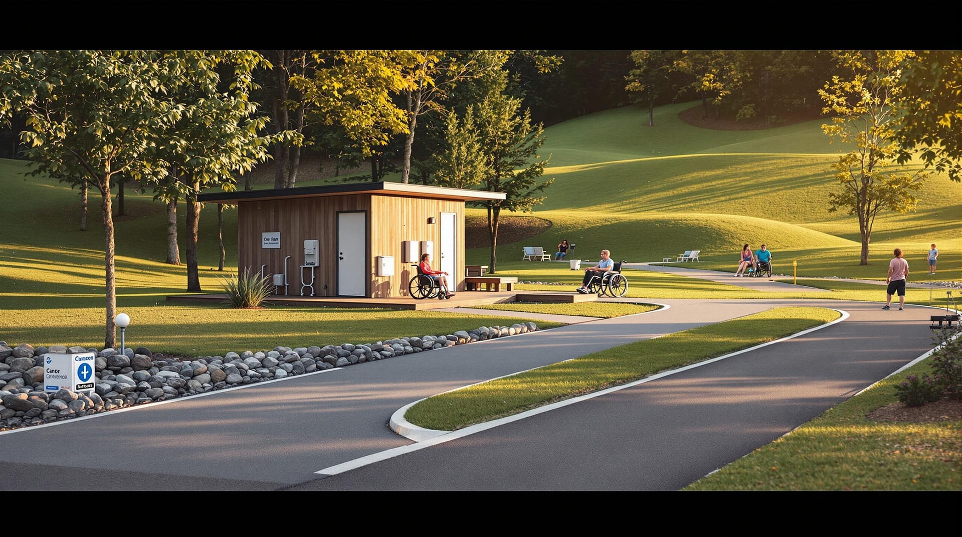 A wheelchair-accessible campground with paved pathways, a modern restroom, and campers enjoying nature on a clear day in Nebraska.