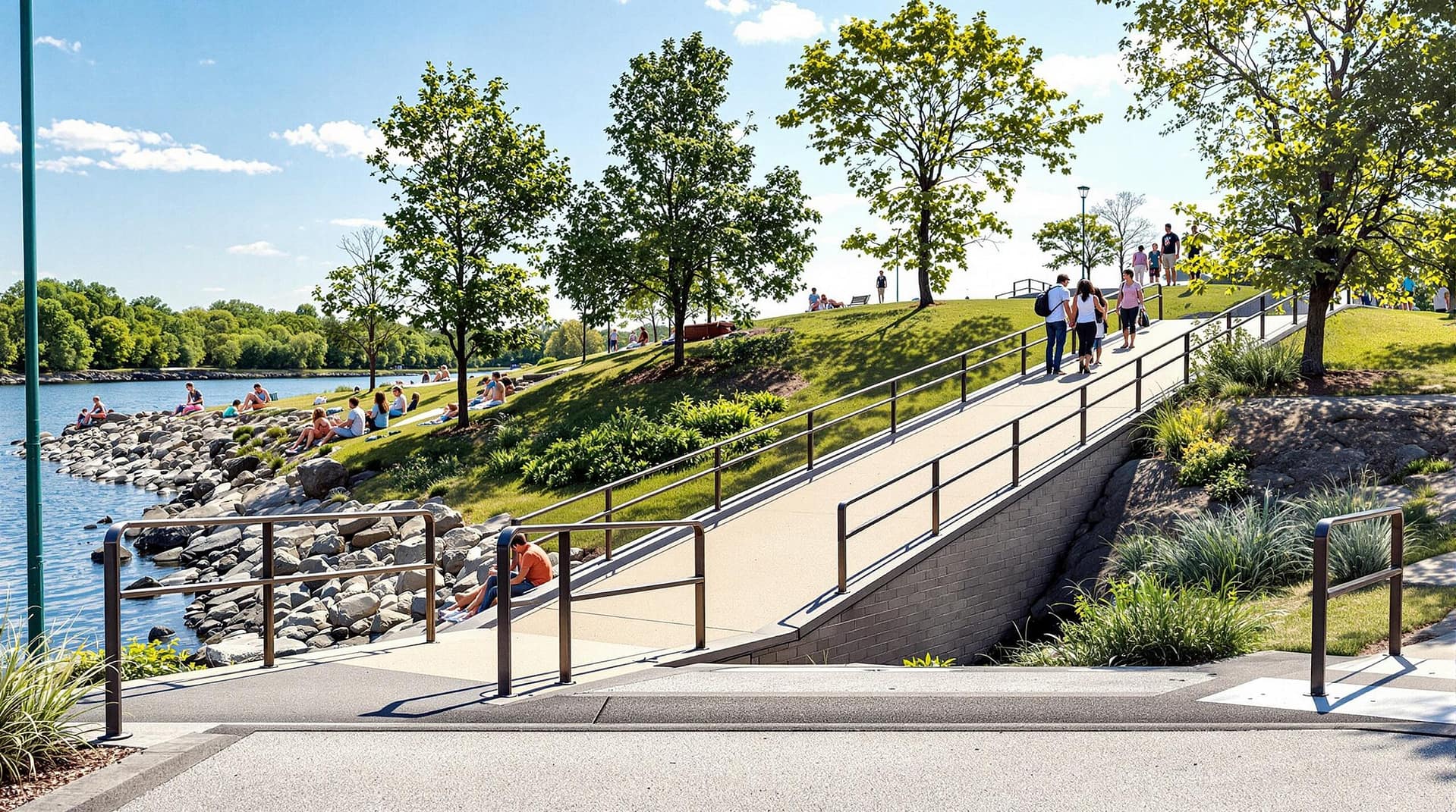 A diverse group of visitors enjoying a riverfront park with an ADA-accessible ramp and handrails, surrounded by natural scenery under bright daylight.
