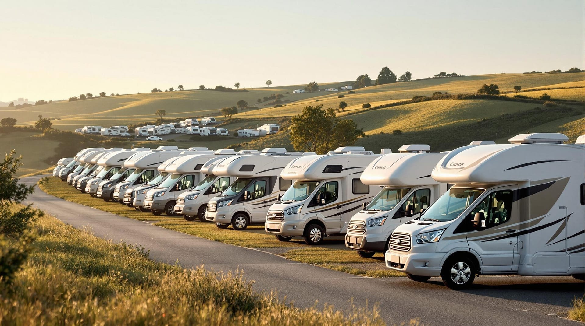 Rows of modern RVs parked in a countryside setting with gentle hills under soft daylight, captured in a realistic stock photo style.