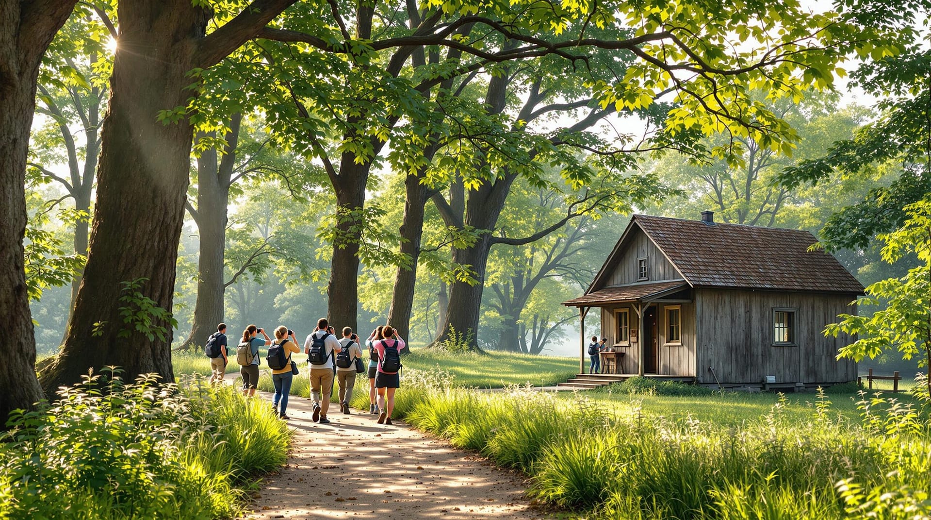 A group of birdwatchers on a serene forest trail, surrounded by tall trees and lush greenery, with sunlight filtering through the leaves and a small, rustic wooden building in the background.