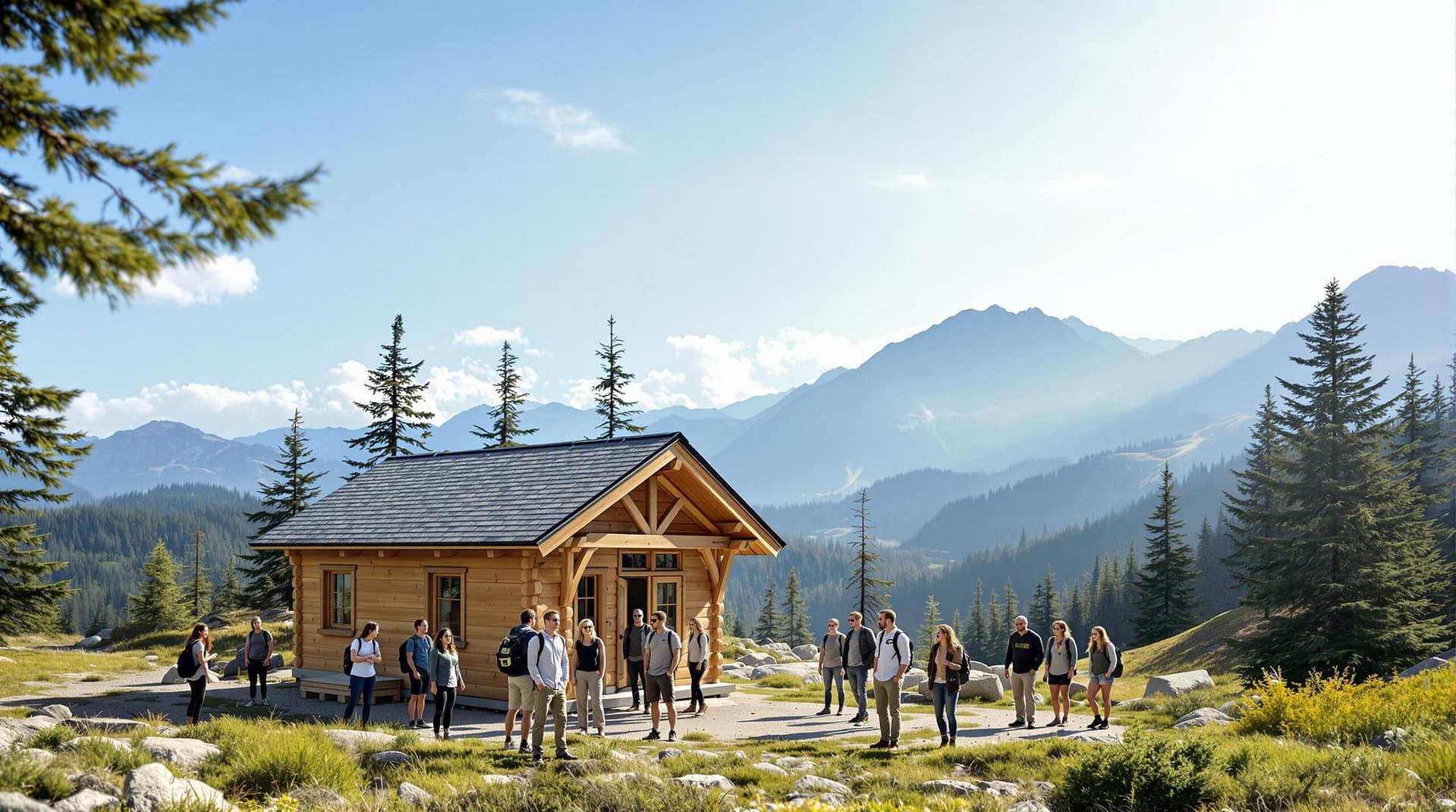 A small wooden building surrounded by evergreen trees in a mountain setting, with people in casual attire and hiking gear gathered nearby under a clear sky.