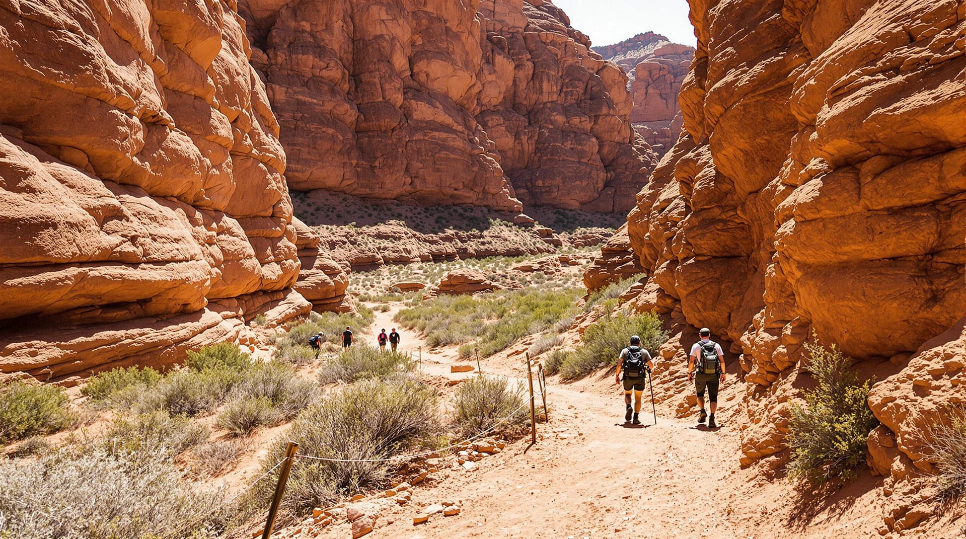 Hikers walking along a rocky desert canyon trail under bright midday light, with a section of the path roped off in the distance, surrounded by layered canyon walls and sparse vegetation.