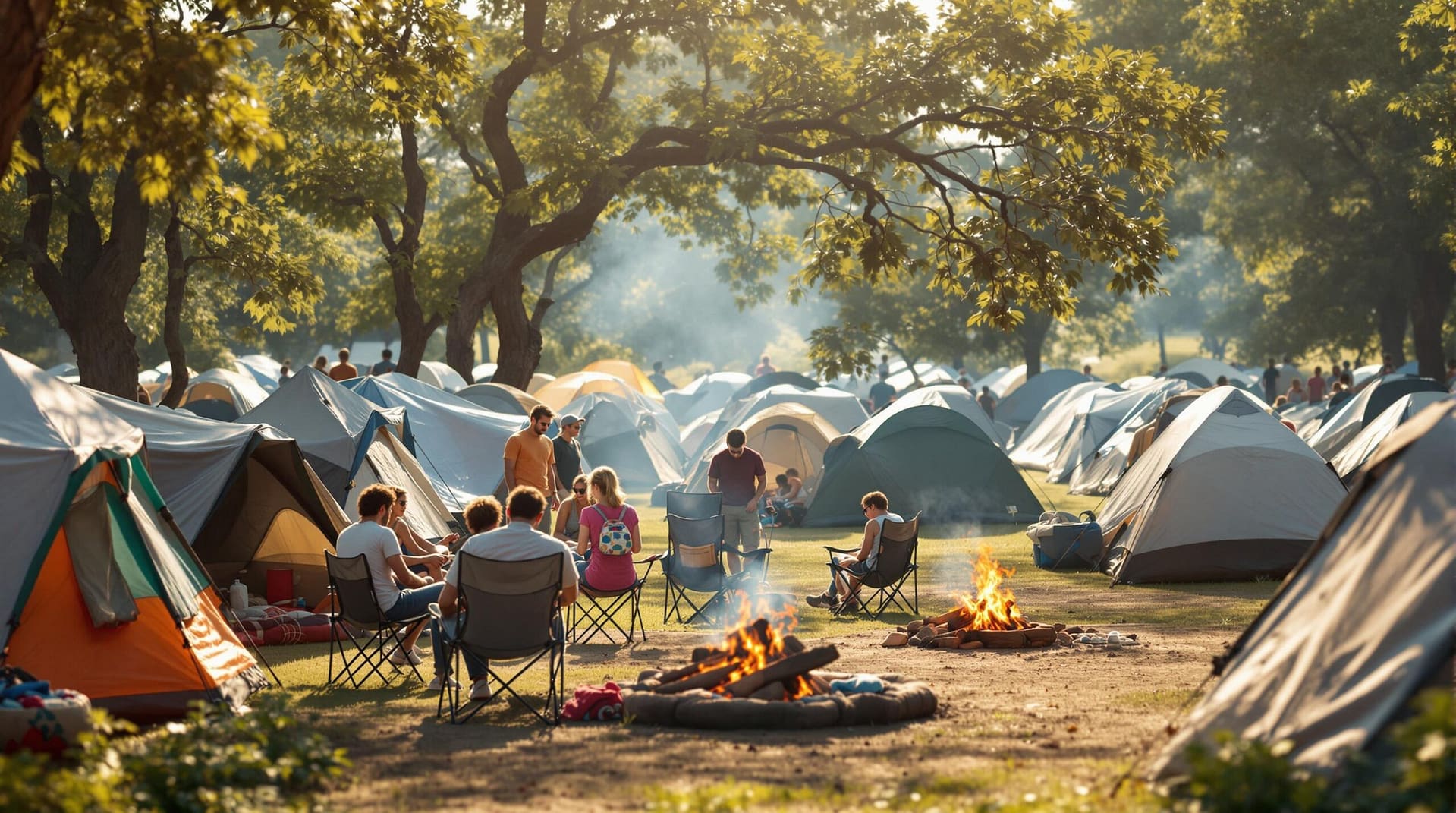 A bustling campground with numerous tents and campfires, surrounded by people enjoying the outdoors in a wooded setting.