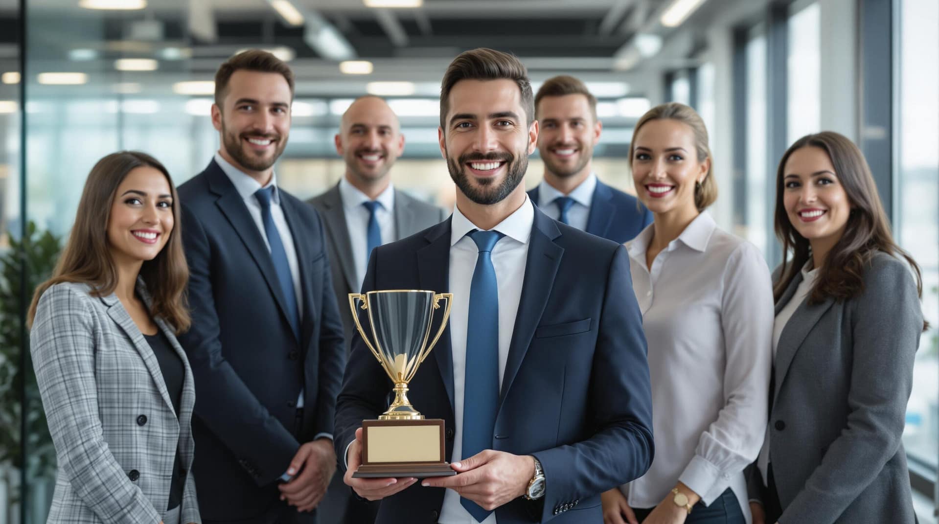 A group of professionals in business attire celebrating in a bright, modern office, with one person holding a generic award trophy and a softly blurred background.