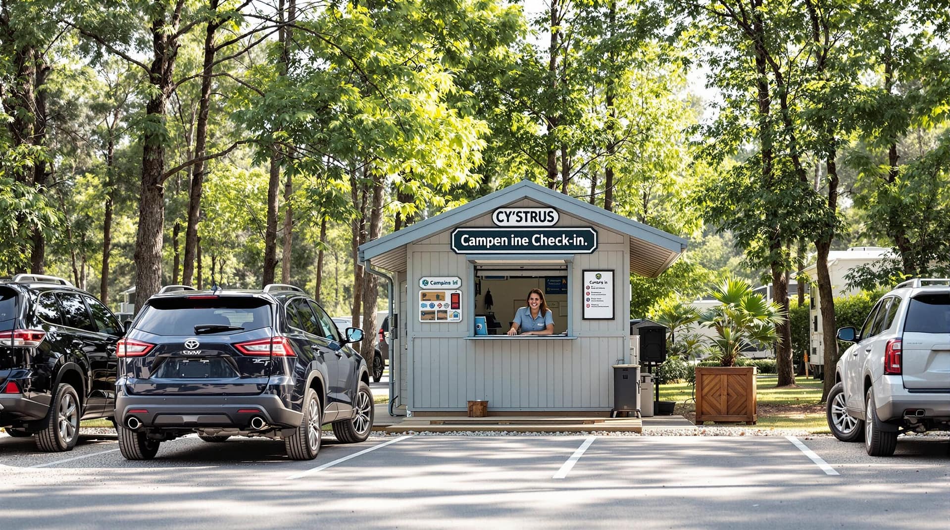 A welcoming campsite check-in area with two vehicles parked nearby, surrounded by a lightly wooded background. A staff member is assisting campers at an outdoor kiosk under bright daylight, highlighting the efficient and organized atmosphere of the check-in process.