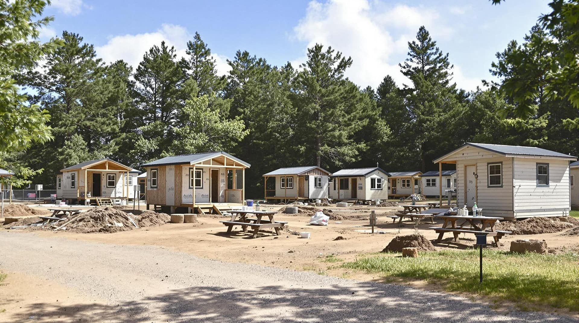 A campground site showing small cabins under construction amidst natural foliage, captured in a realistic style with balanced lighting, suitable for a news article on redevelopment.