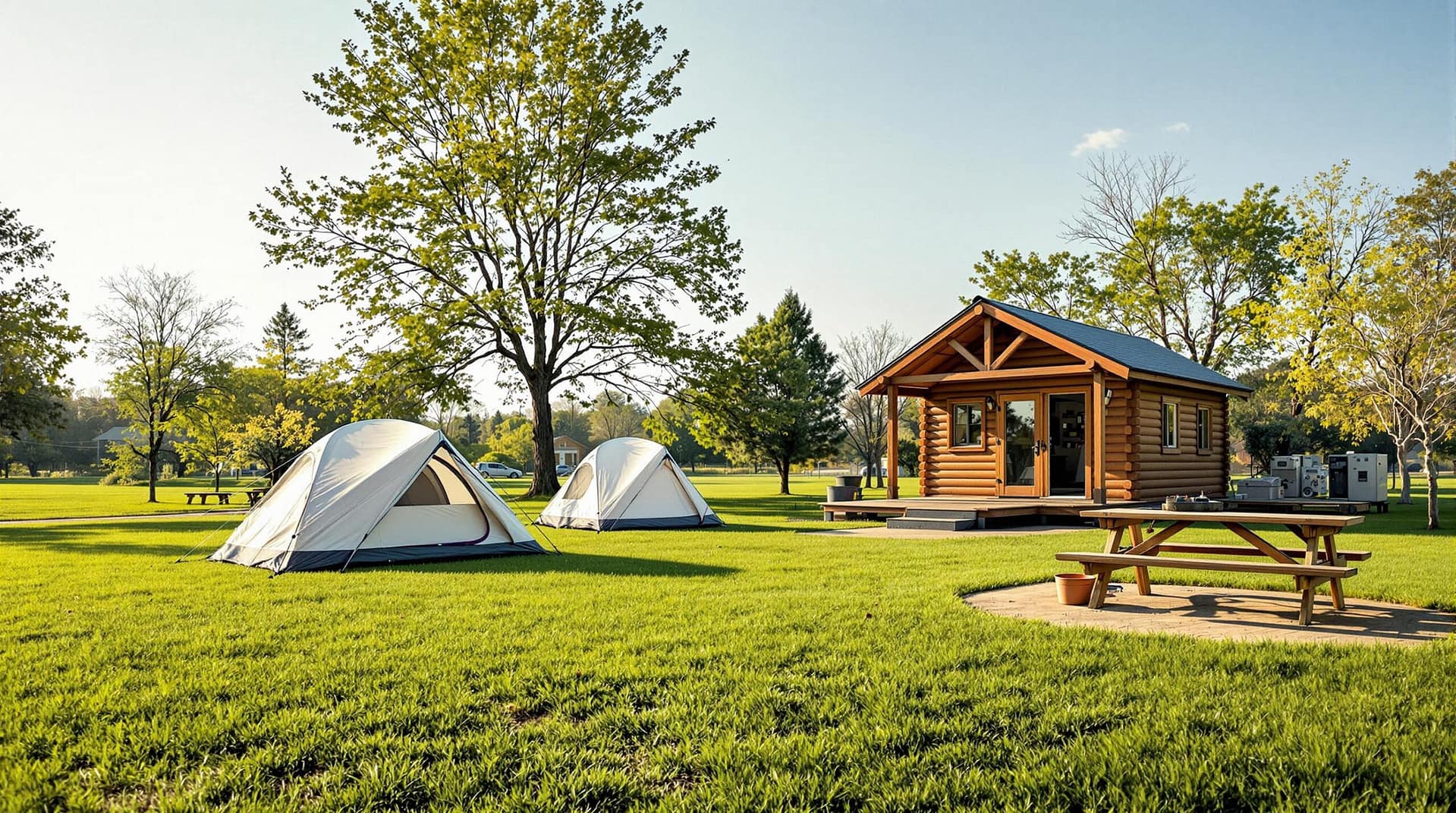 A scenic campground on a sunny day featuring two tents, a wooden lodge-like structure in the background, and a picnic table with a fire ring, set in a grassy area with clear skies.