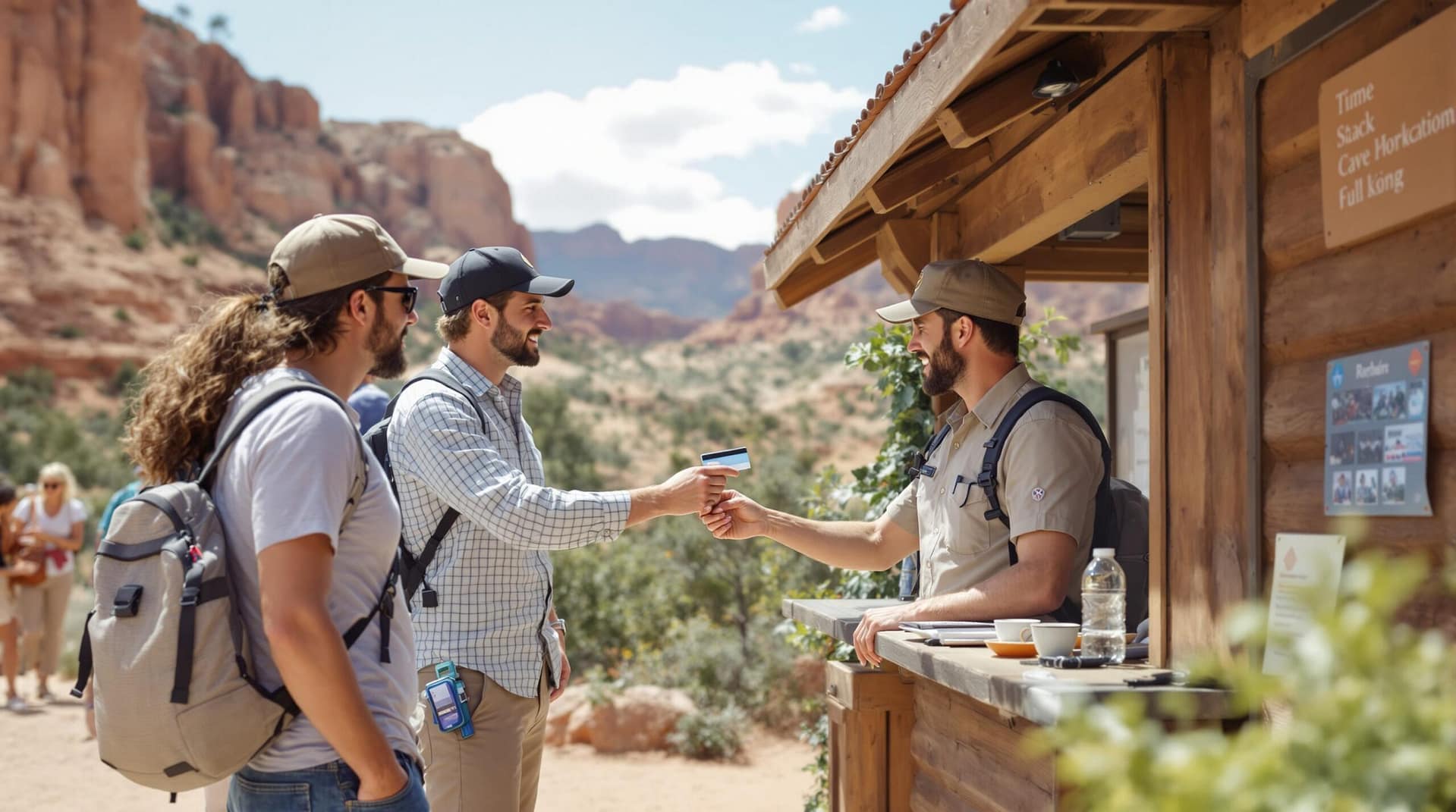 Visitors at a park kiosk engaging in a cashless transaction with a park staff member, set against a generic mountainous background.