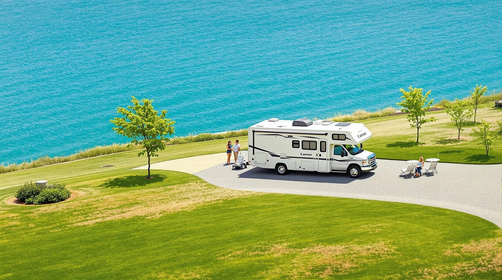 A realistic photo of an RV parked near tranquil blue waters, surrounded by well-kept grass and several small trees, under bright natural daylight, evoking a warm and inviting atmosphere.