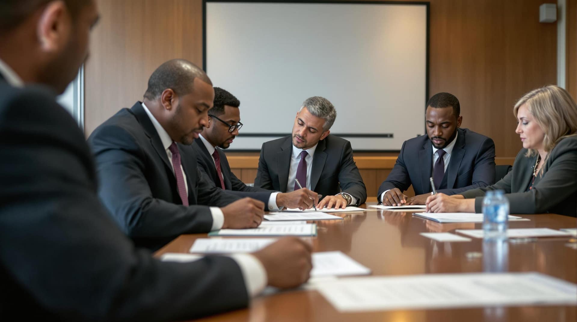 A city council meeting with diverse members seated around a table, reviewing documents in a generic conference room.