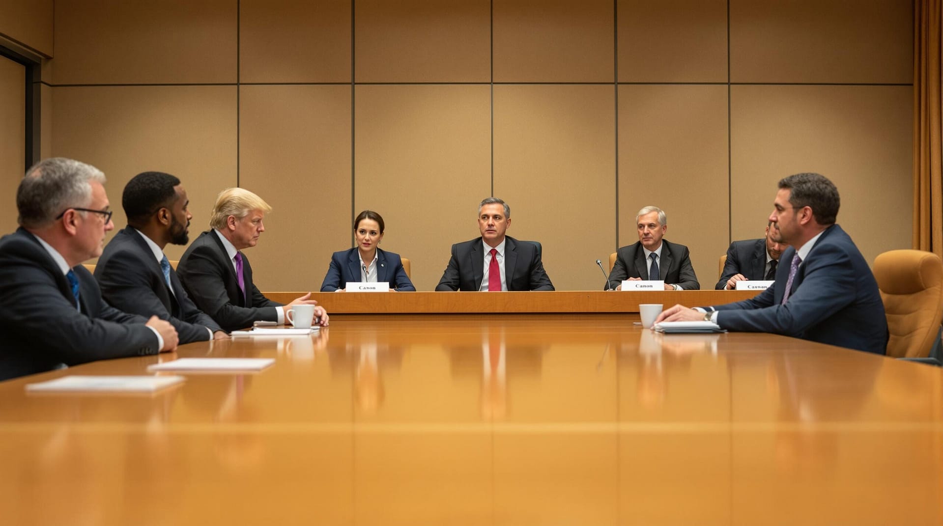 A diverse group of formally dressed individuals in a conference room, engaged in discussion around a wooden table, with a neutral background and warm lighting.