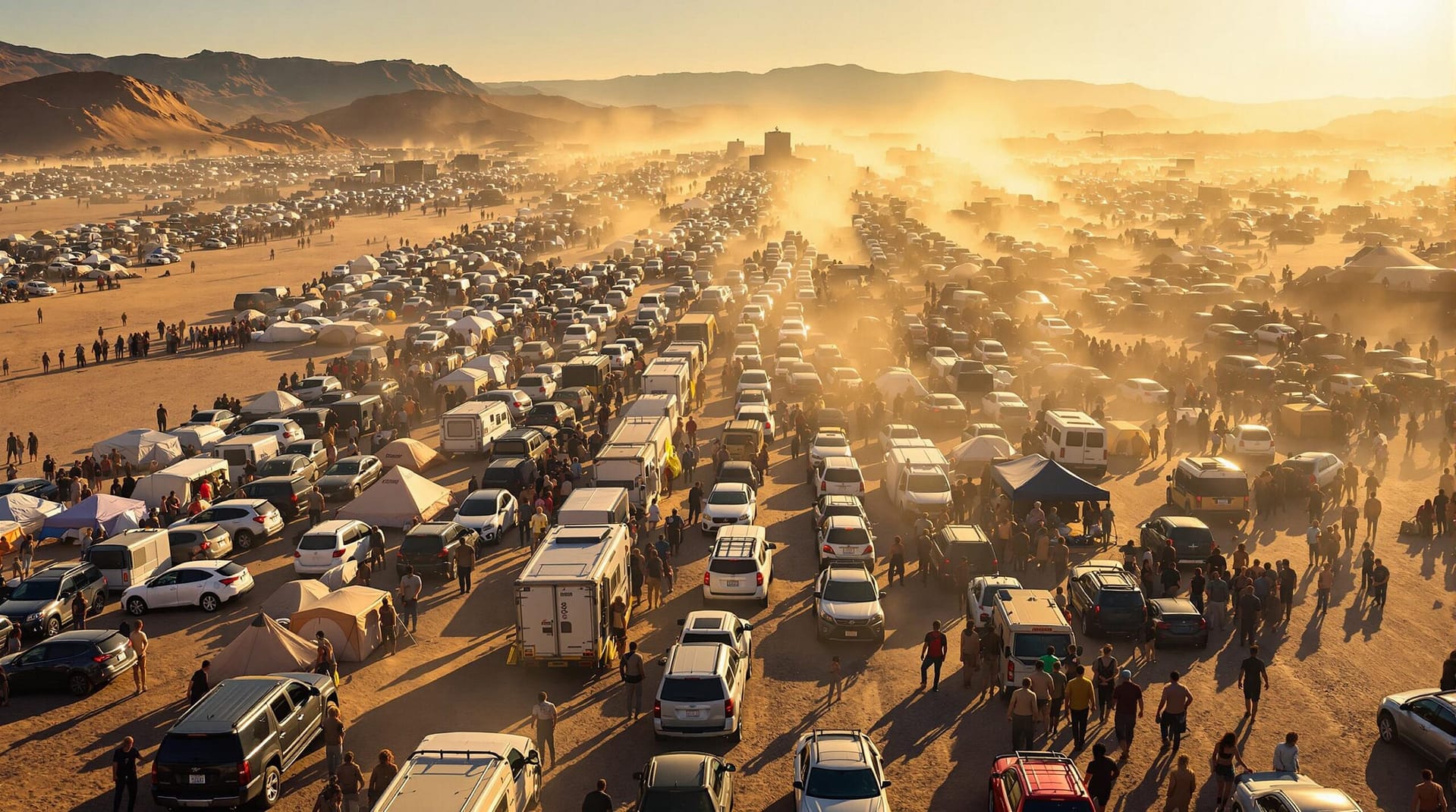 A wide-angle view of a crowded festival campground in a desert setting, showing long lines of cars and tents with people waiting under warm sunlight, depicting a scene of chaos and extended delays.