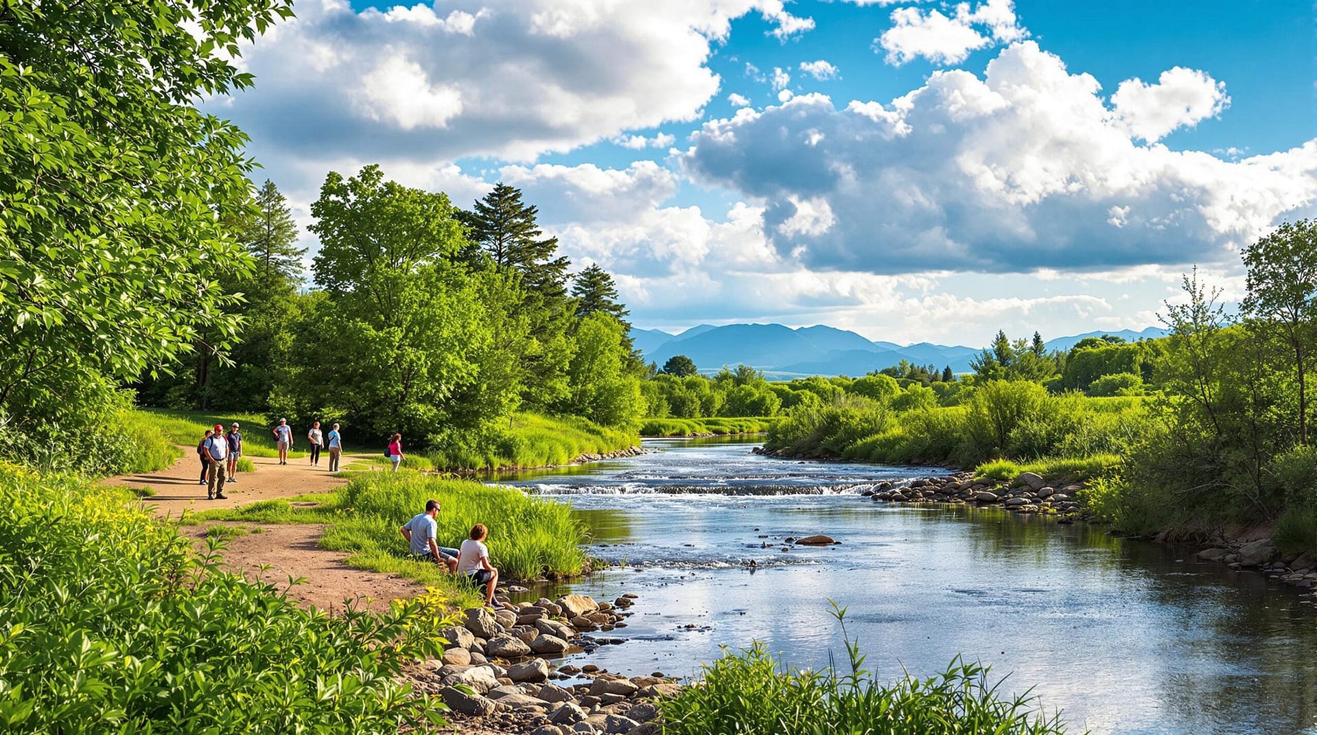 A serene river flowing through lush greenery under a partly cloudy sky, with a small group of adults enjoying the natural setting near the water's edge, framed by distant mountains.