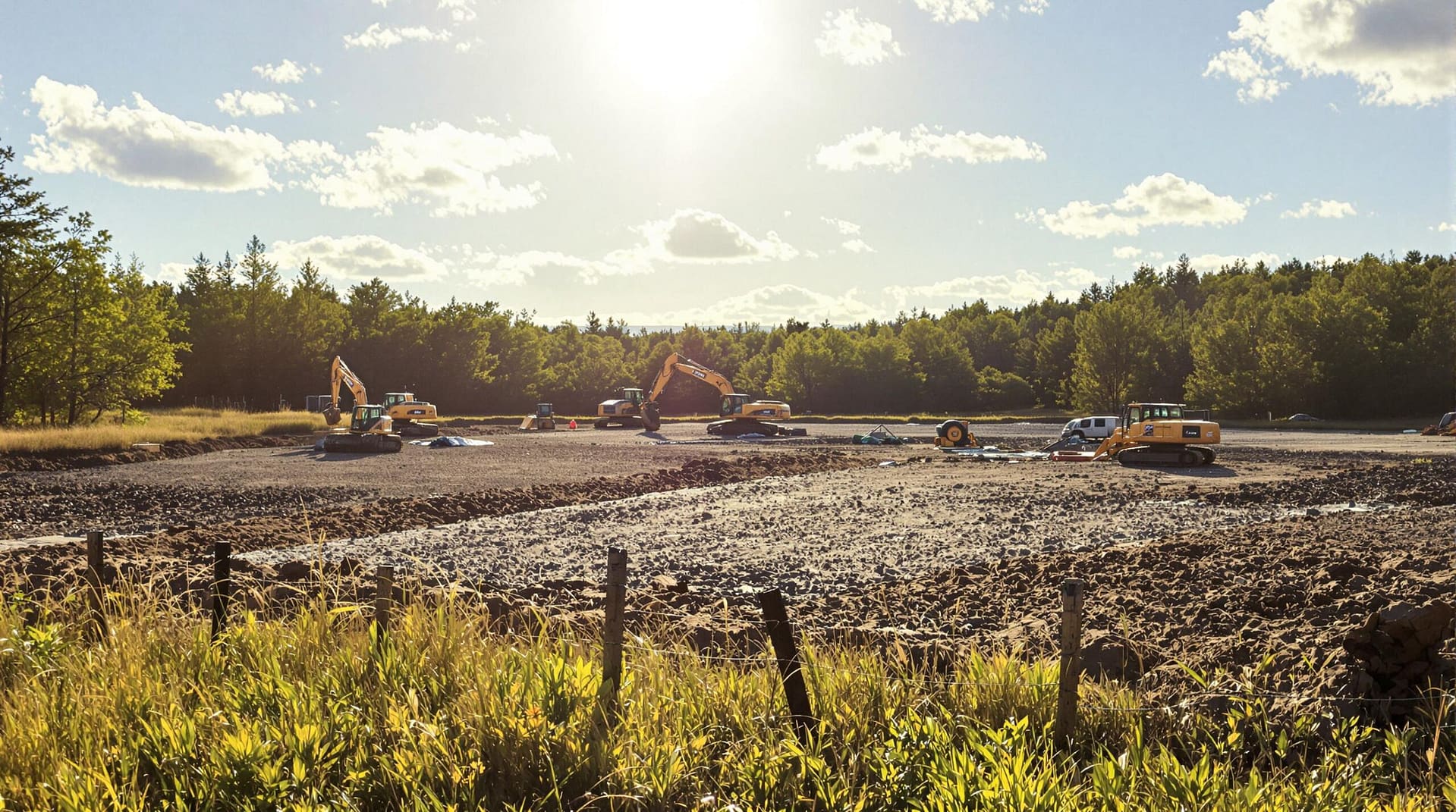 A partially cleared stretch of land with construction equipment and a small forest in the distance under a sunny sky.