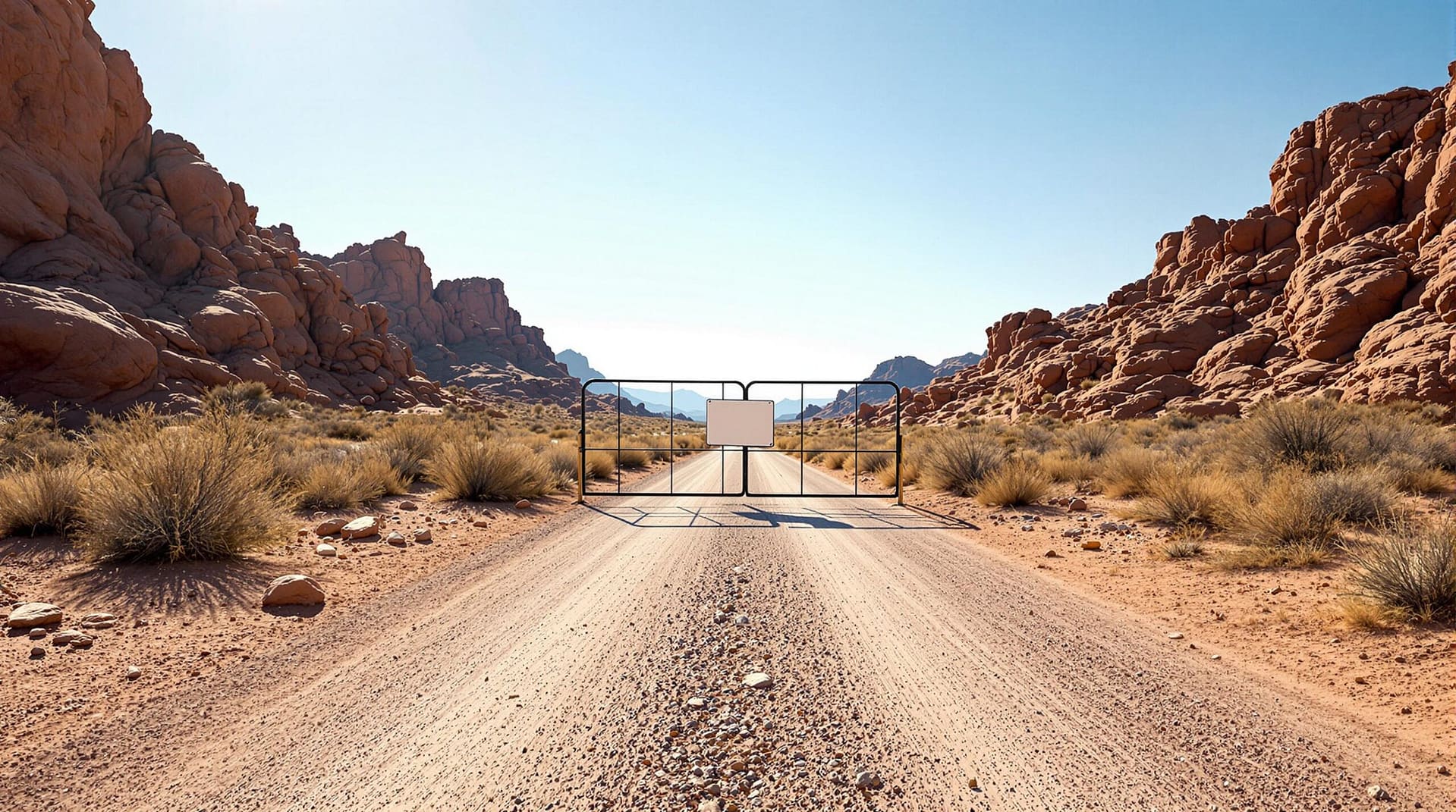 A wide-angle view of a desert road with a simple gate blocking the entrance, surrounded by dry shrubs and rocks under bright midday light.