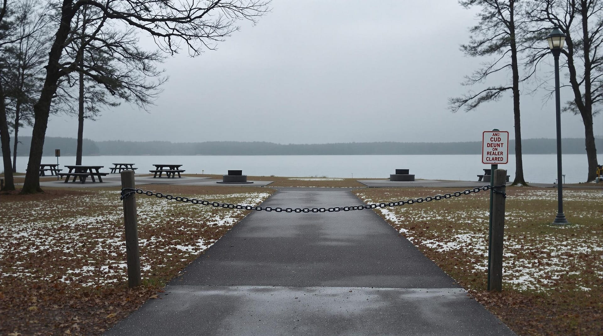 A deserted lakeside campground entrance with a chain across the entryway, empty picnic tables and fire rings visible in the background under an overcast sky, capturing a quiet and undisturbed scene.