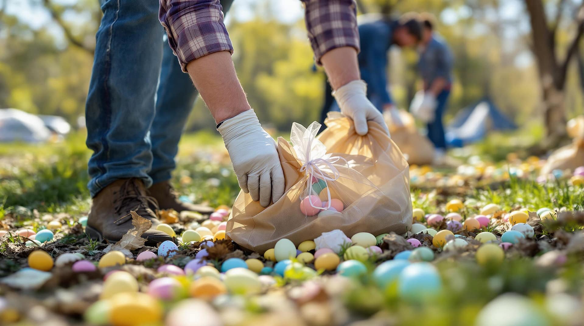 A group of volunteers cleaning up a campsite in a park, gathering pastel-colored eggs and trash into bags, with a softly blurred background and bright daylight.