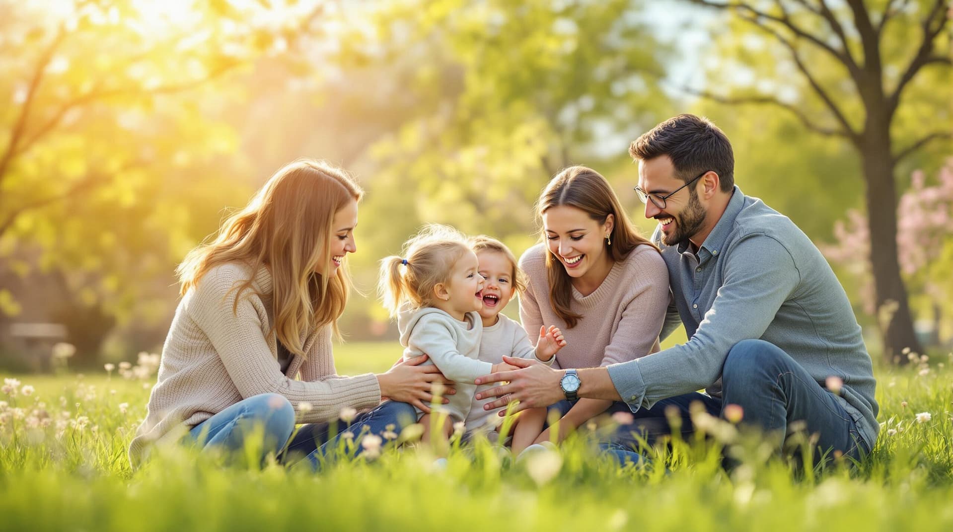 A group of parents and children enjoy a playful outdoor activity in a grassy area on a sunny spring day, with trees and a blurred background providing a natural setting.