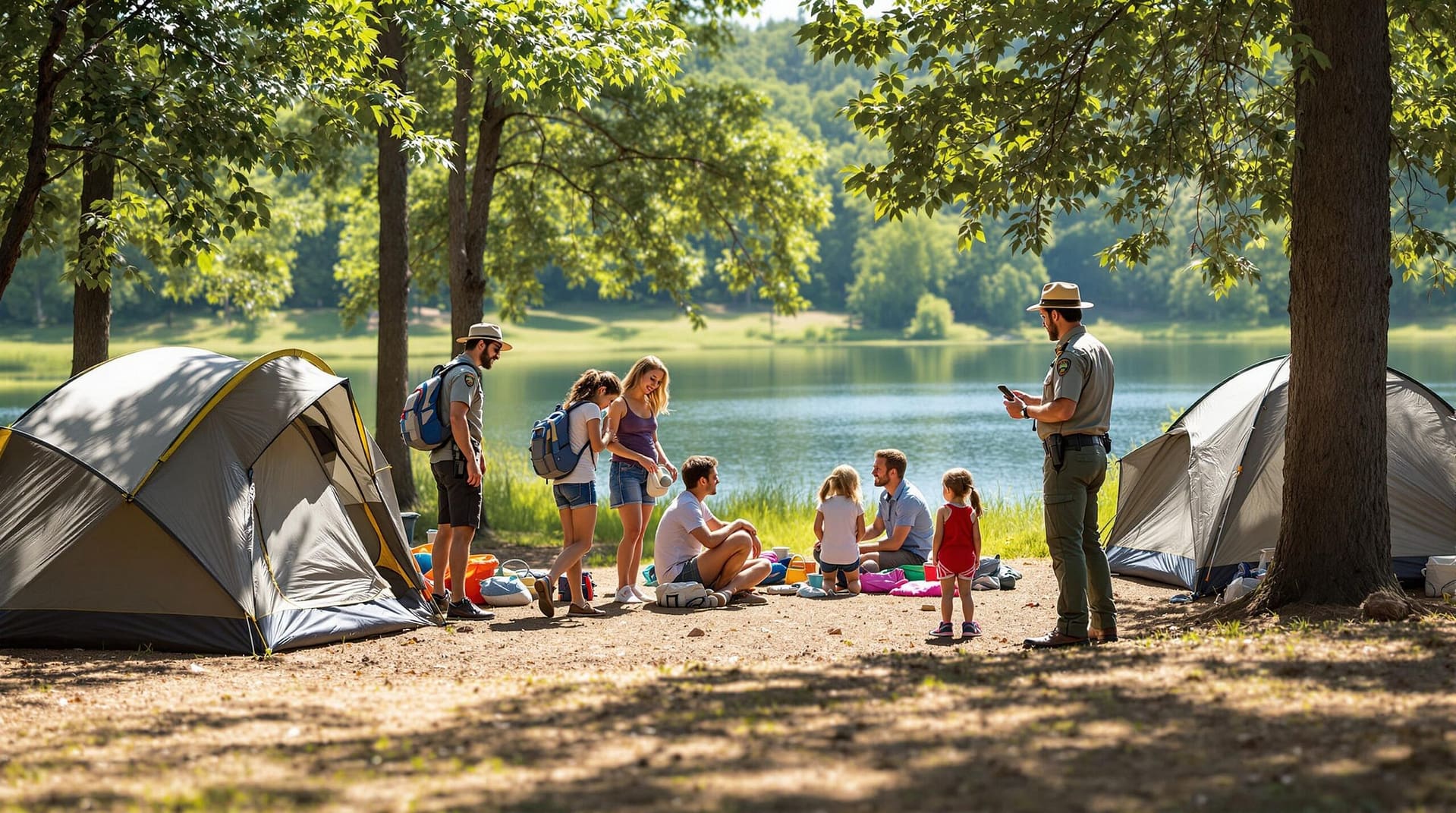 A group of parents and children setting up tents in a tree-lined campsite near a lake, guided by a ranger.