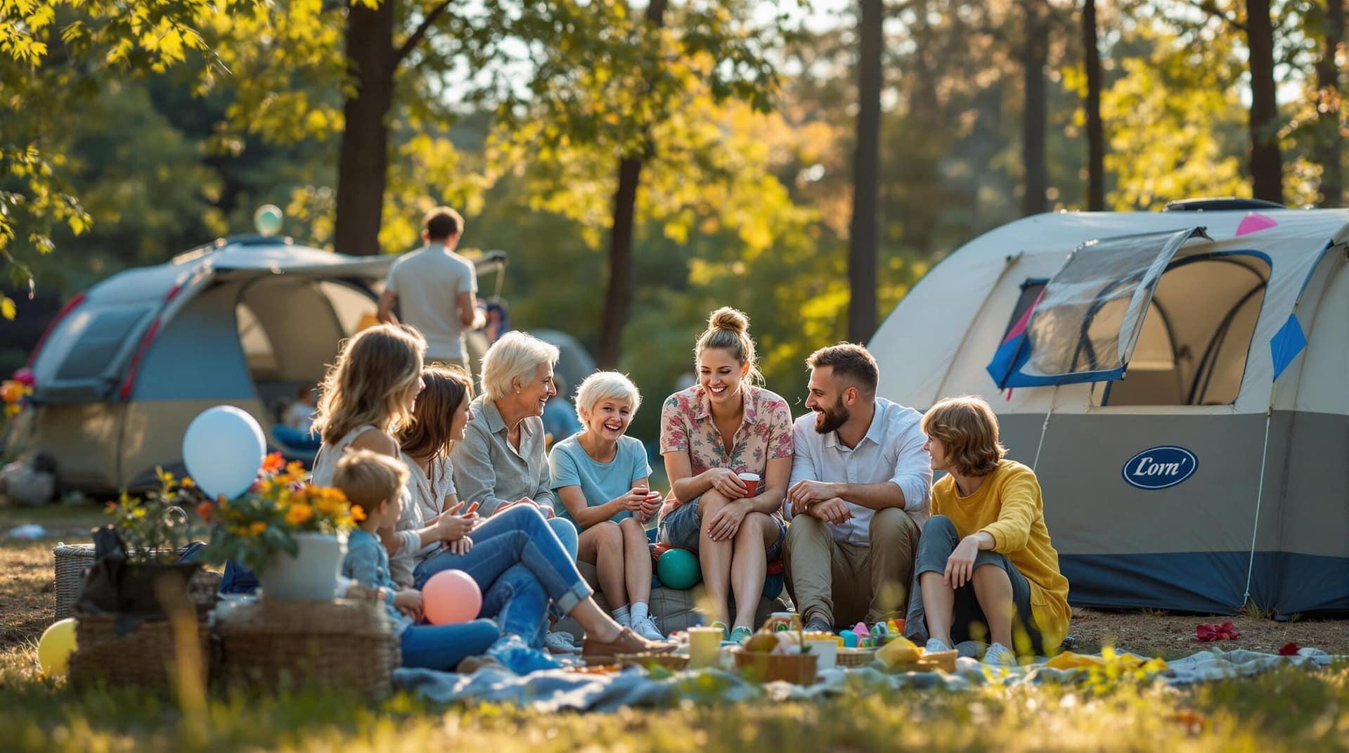 A multi-generational family celebrating an anniversary at a campsite with colorful balloons, a simple camp setup, and a cheerful atmosphere, captured in natural daylight with a shallow depth of field.