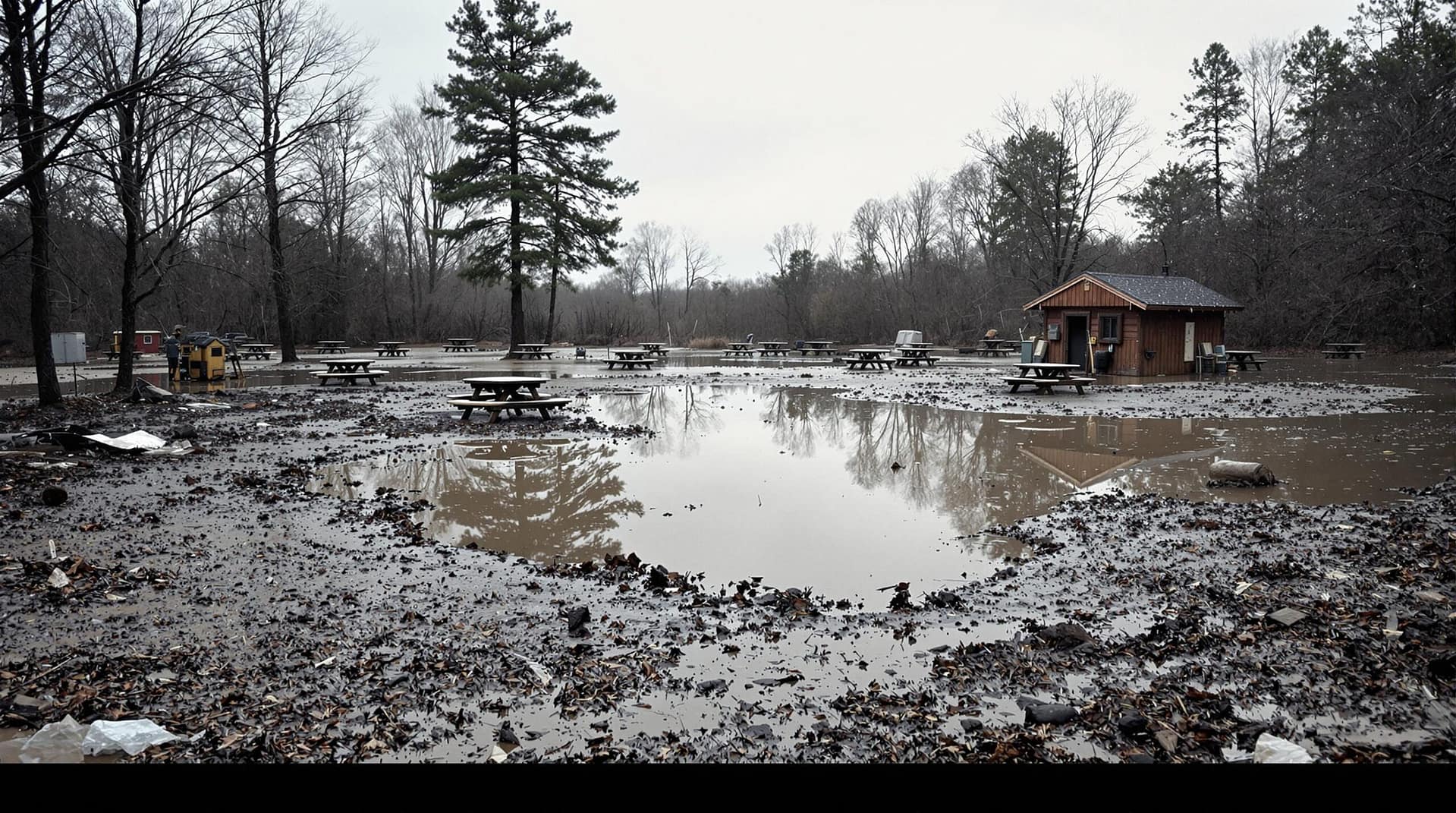 A flooded campground with murky water covering the ground, scattered debris, and damp picnic tables under an overcast sky.