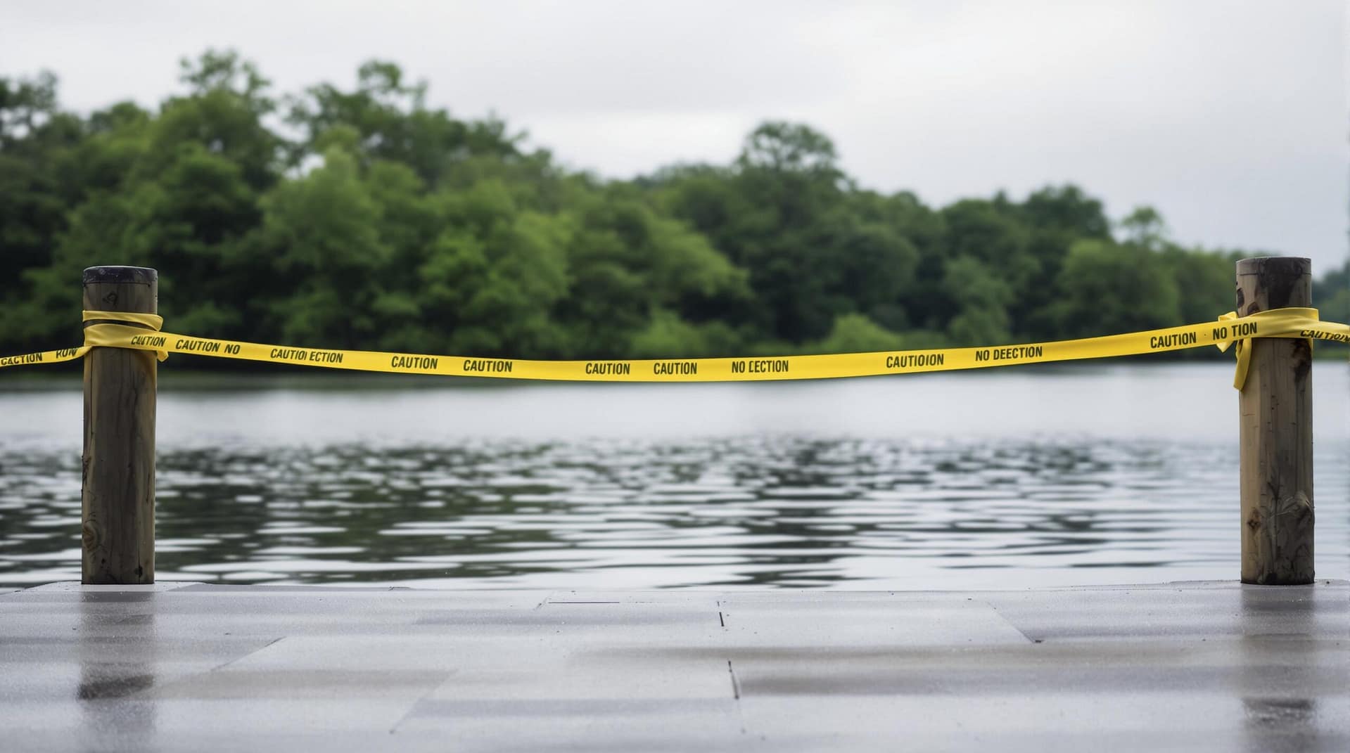 A wooden barrier with yellow caution tape stretches across a flooded lakeshore under an overcast sky, with generic greenery blurred in the background.