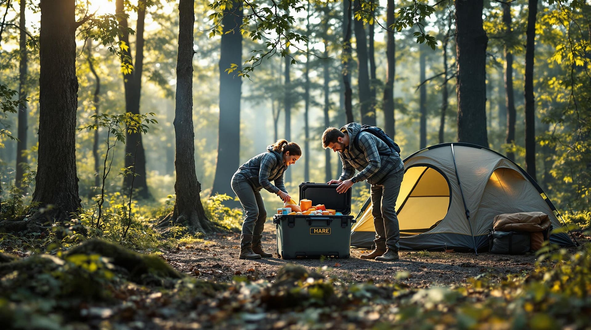 Campers placing food in a secure container at a forest campsite in early spring, with a tent and trees in the background.