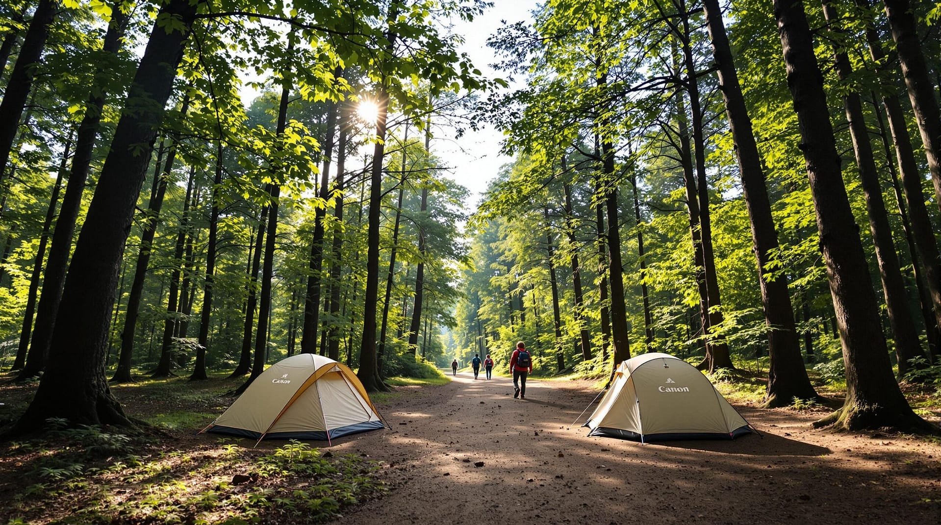 A serene forest clearing with two tents set up, dappled sunlight filtering through tall trees, and a dirt path leading into the woods. Three hikers are seen in the distance, adding an element of adventure to the peaceful scene.
