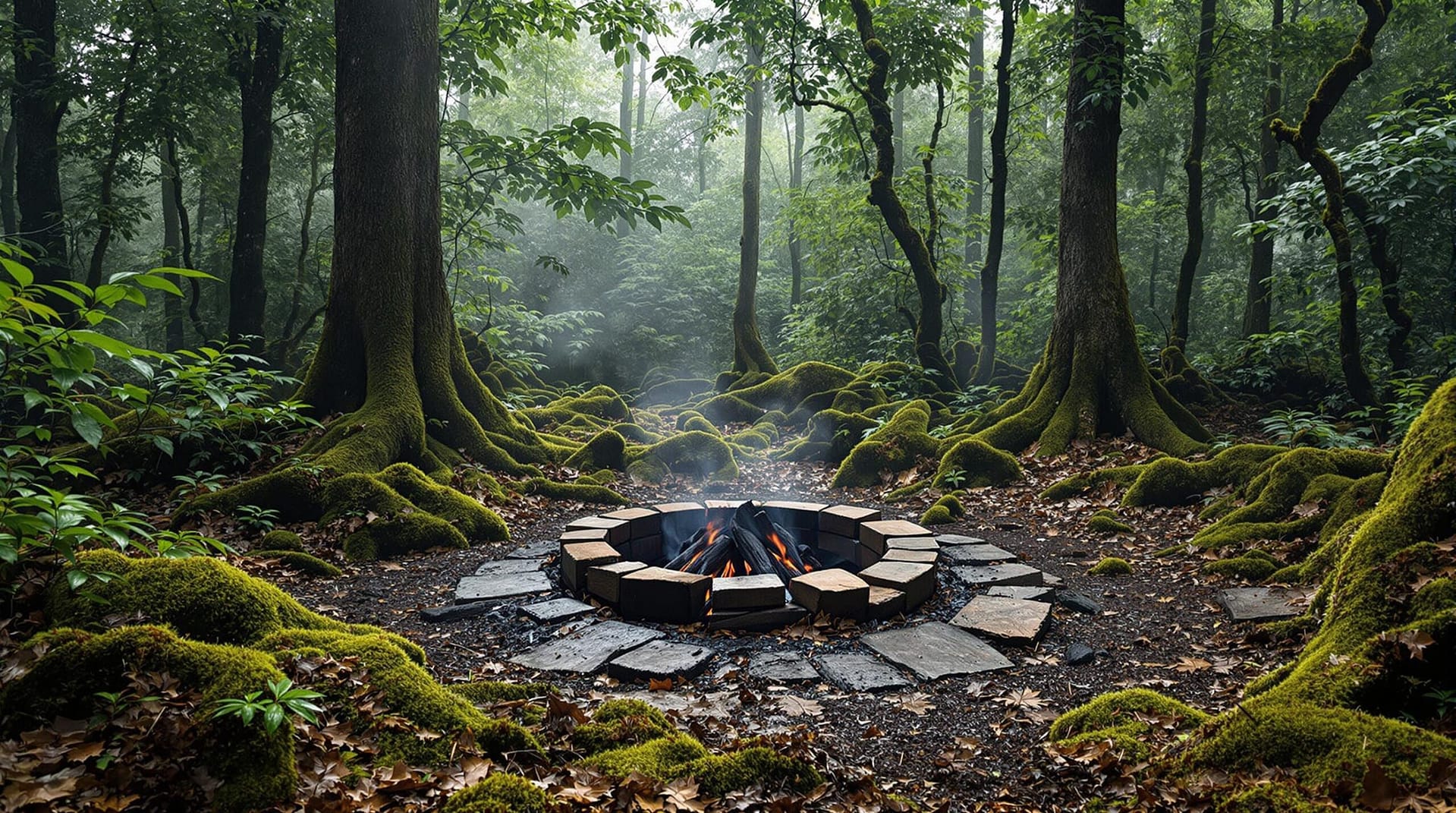 A damp forest clearing with a small campfire ring, surrounded by lush greenery and dewy leaves, under an overcast sky, indicating recent rainfall.
