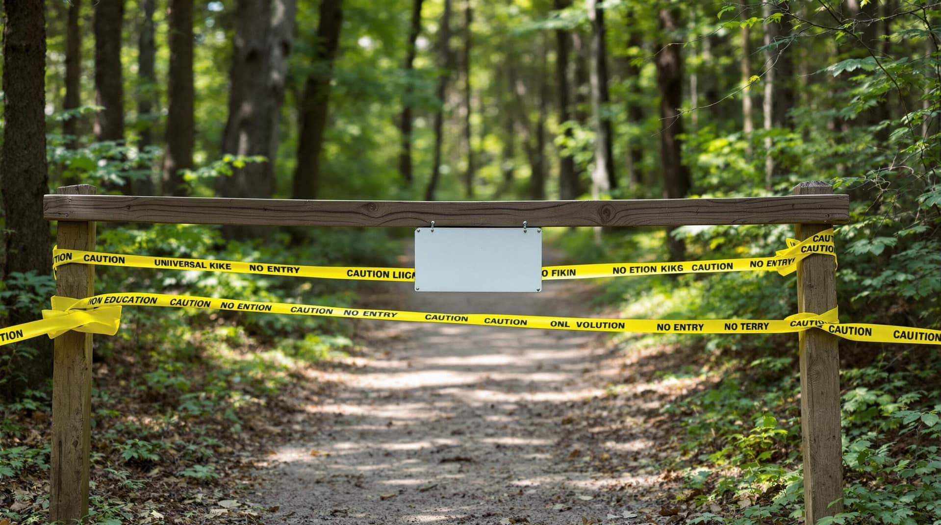 A forest hiking trail blocked by a wooden barrier with caution tape and a no-entry symbol, surrounded by lush green trees, in a softly blurred background.