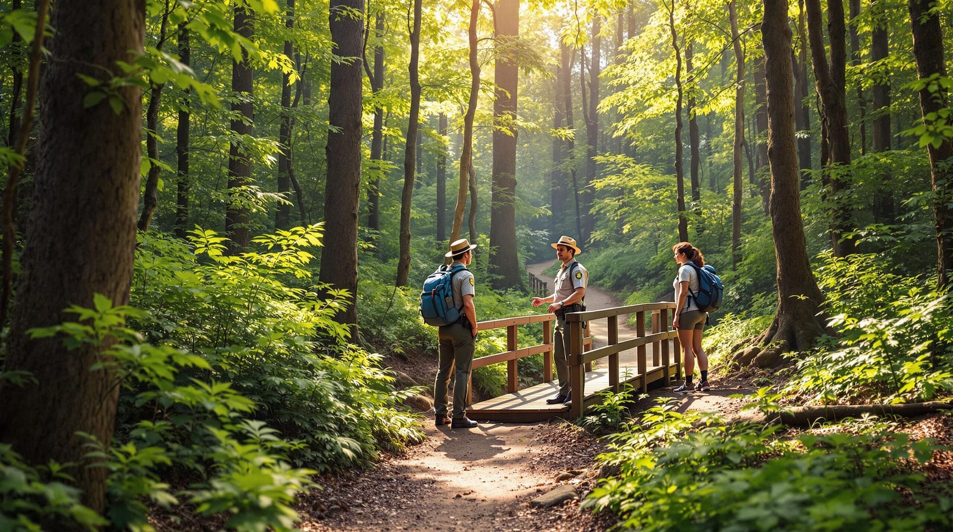 A park ranger speaks with hikers on a forest trail surrounded by lush greenery and soft daylight.