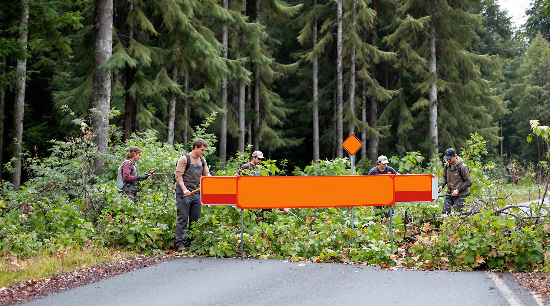 Teen volunteers working near a road barrier in a forest, clearing debris, surrounded by tall trees under soft natural light.