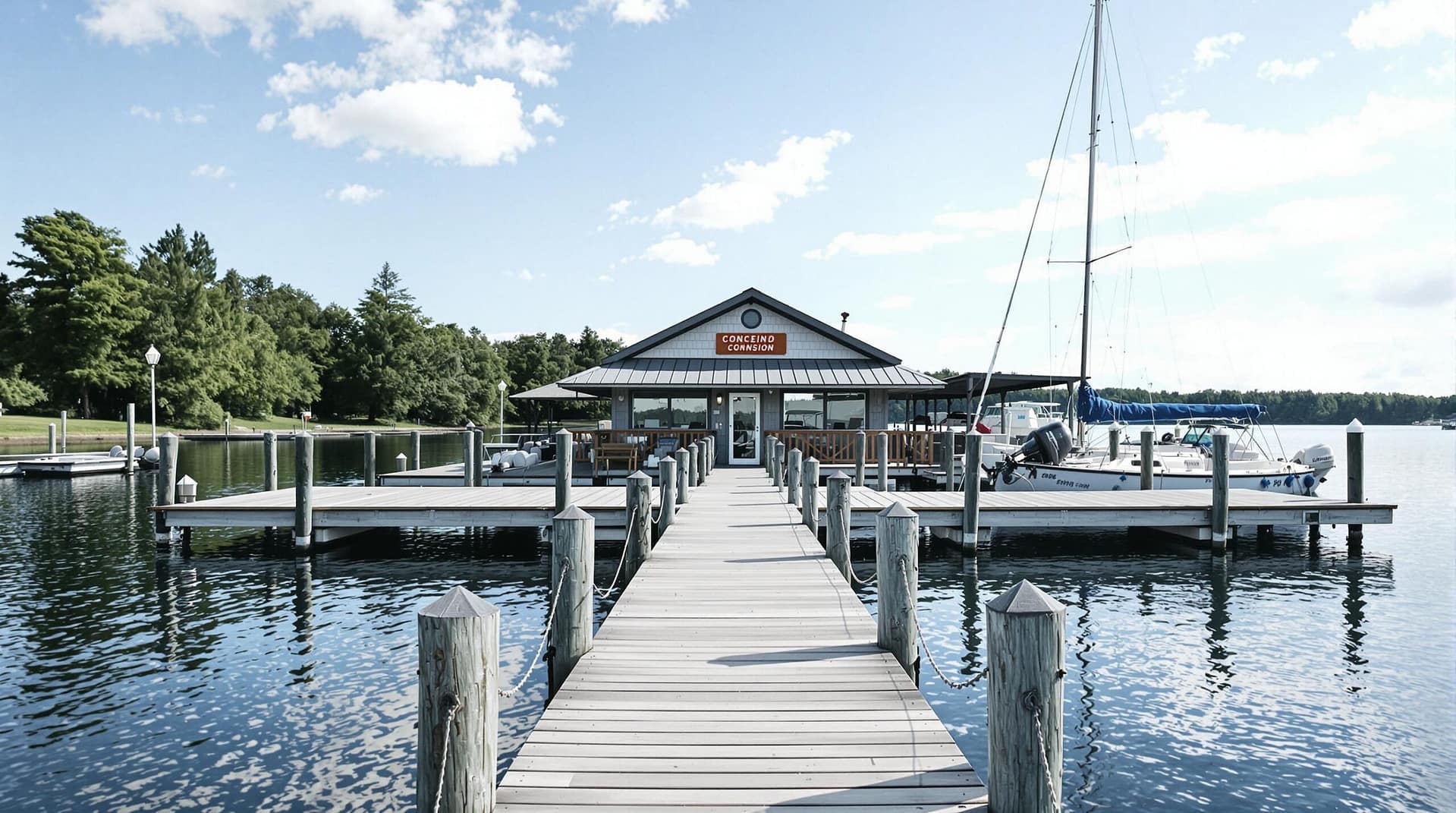 A serene marina with a wooden dock and small boats, set against a backdrop of trees and a clear sky, under natural daylight.
