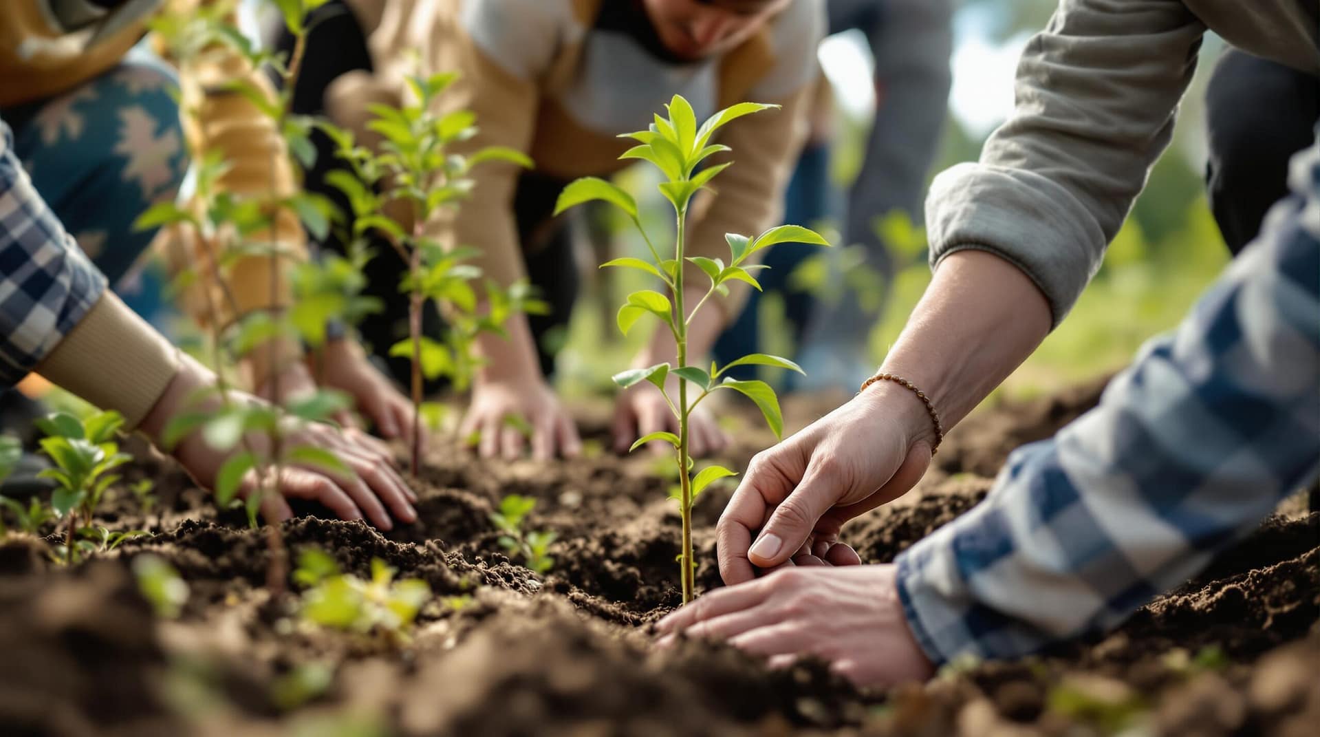 A small group of people planting saplings in a park, wearing casual outdoor clothing, with focus on their hands and young trees, under soft afternoon light.