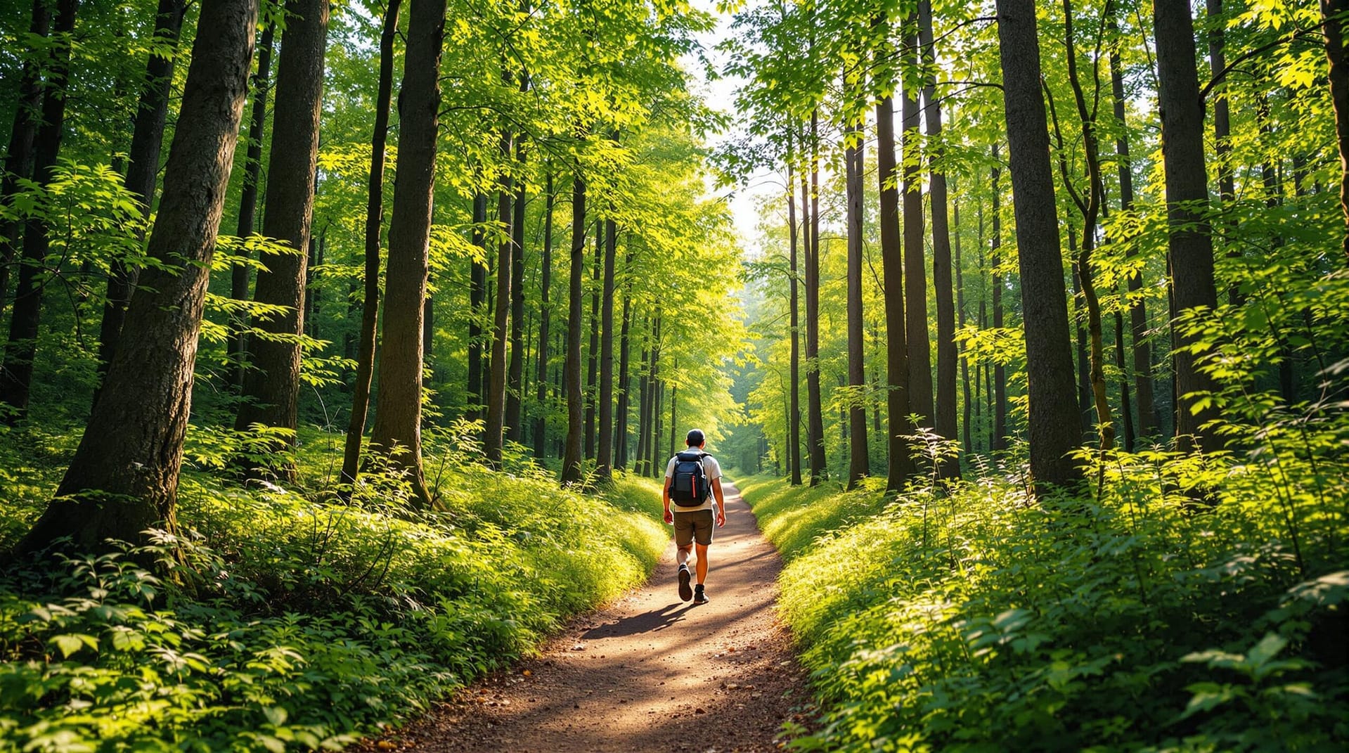 A hiker walks along a sunlit woodland trail surrounded by lush, tall trees, wearing casual outdoor attire and a small backpack, capturing the essence of exploration and adventure.