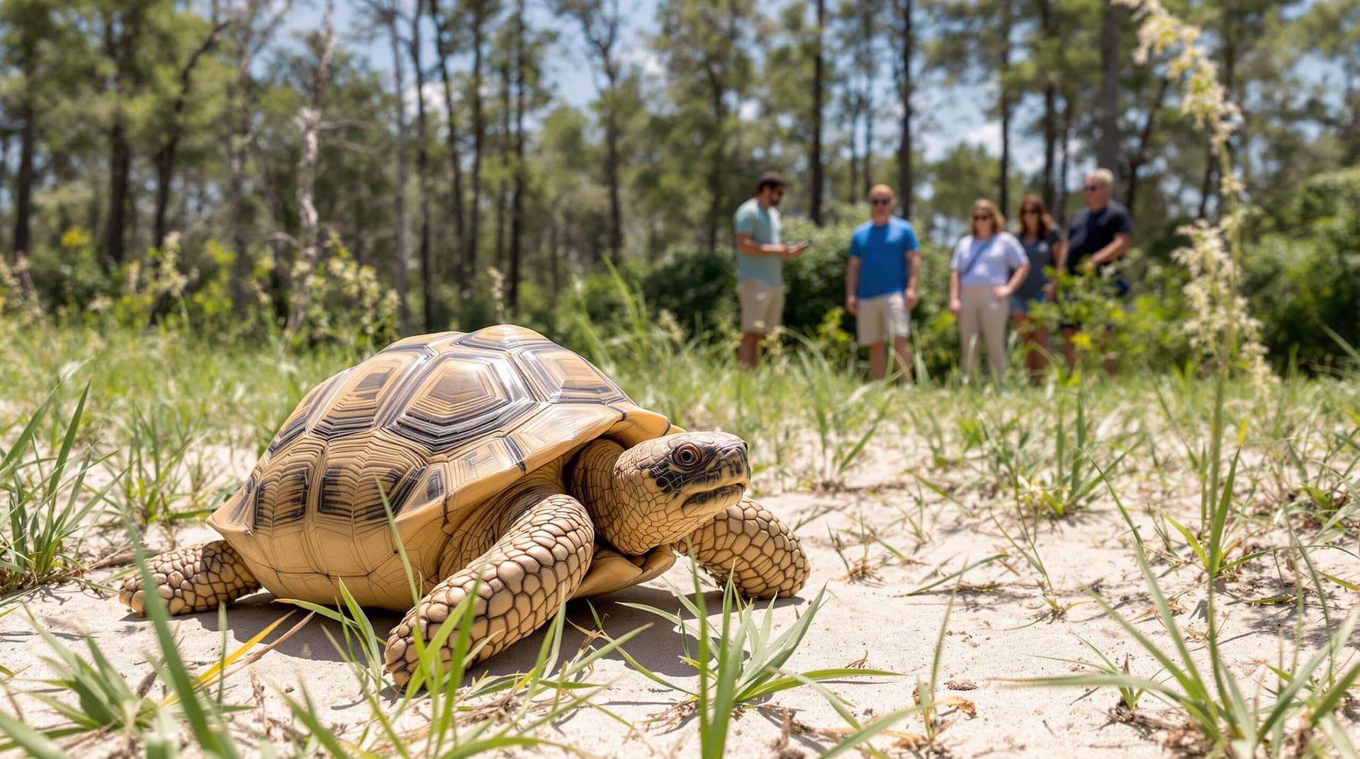 A gopher tortoise in a sandy grassy area with a group of people observing from a distance in an educational setting, surrounded by a lightly wooded, generic background.